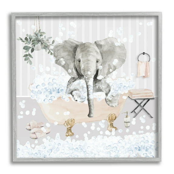 Stupell Fun Elephant Bubble Bath Tub Animals & Insects Painting Gray Framed Art Print Wall Art