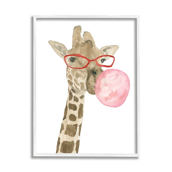 Stupell Fun Giraffe Bubblegum Animal Animals & Insects Painting White Framed Art Print Wall Art