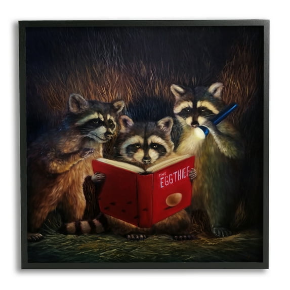 Stupell Fun Raccoon Trio Reading Book Animals & Insects Painting Black Framed Art Print Wall Art