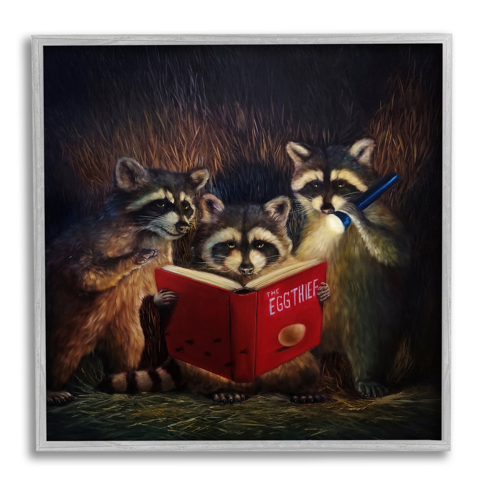 Stupell Fun Raccoon Trio Reading Book Animals & Insects Painting Gray Framed Art Print Wall Art