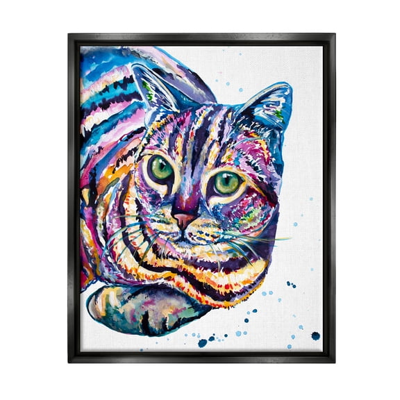Stupell Fun Striped Rainbow Cat Portrait Animals & Insects Painting Black Floater Framed Art Print Wall Art