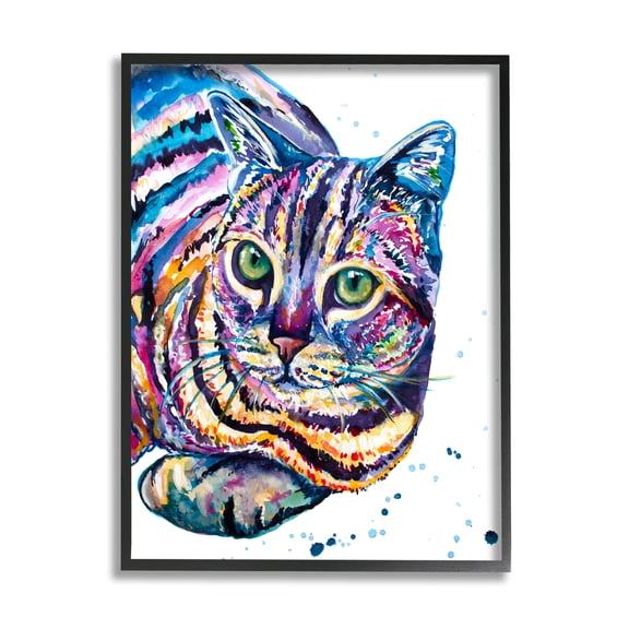 Stupell Fun Striped Rainbow Cat Portrait Animals & Insects Painting Black Framed Art Print Wall Art