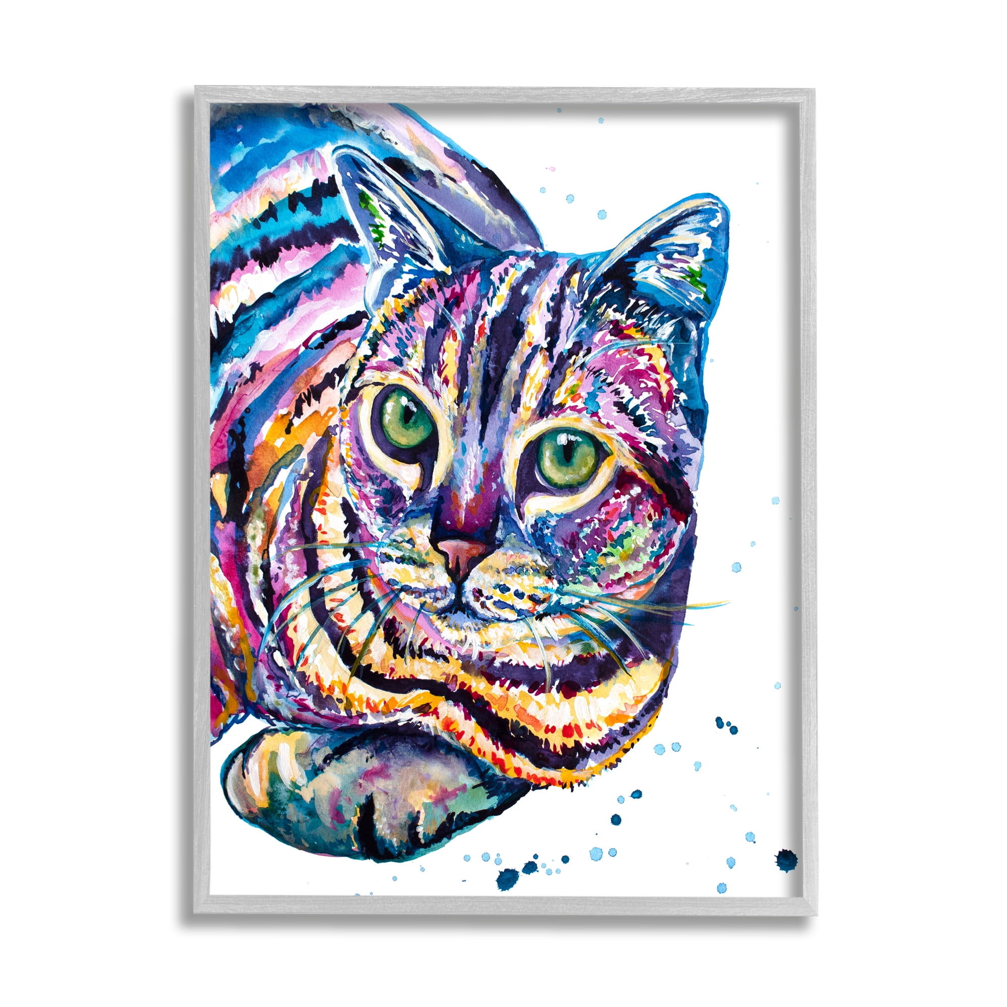 Stupell Fun Striped Rainbow Cat Portrait Animals & Insects Painting Gray Framed Art Print Wall Art