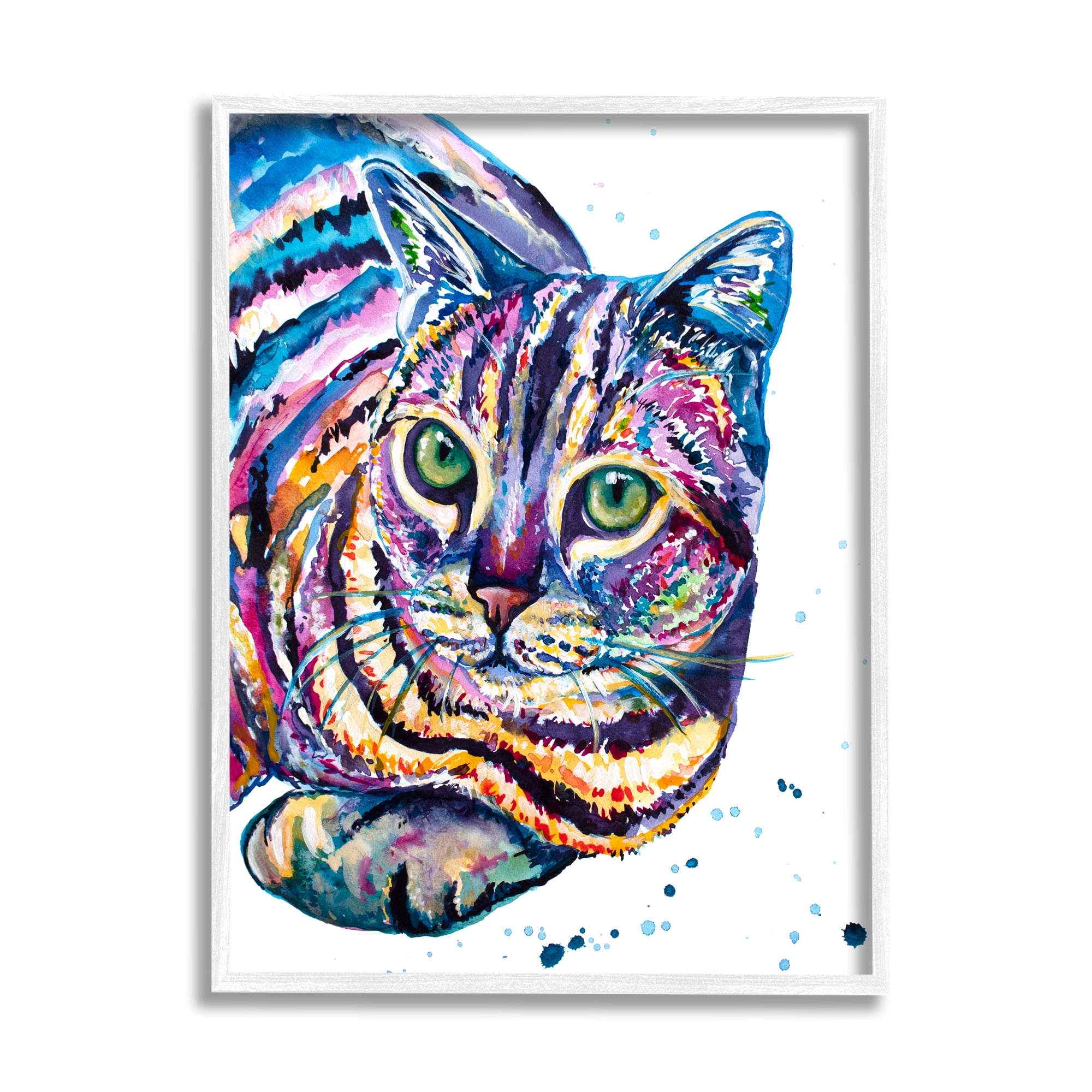 Stupell Fun Striped Rainbow Cat Portrait Animals & Insects Painting White Framed Art Print Wall Art