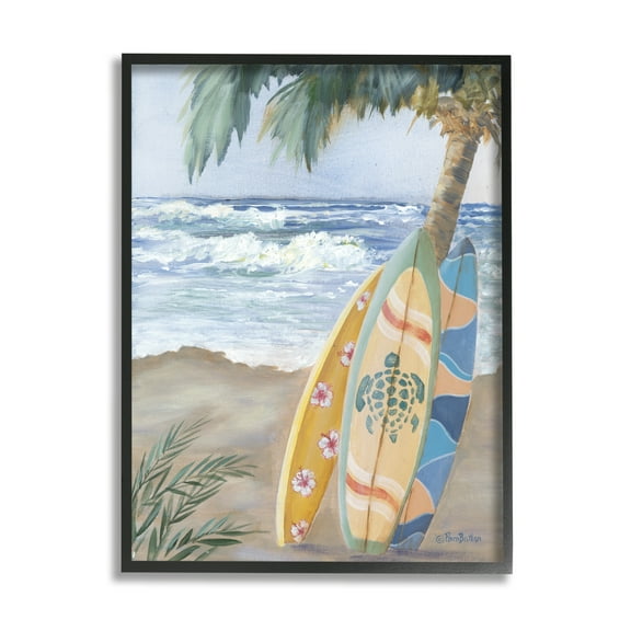 Stupell Fun Summer Surfboards Leaning Palm Tree Landscape Painting Black Framed Art Print Wall Art