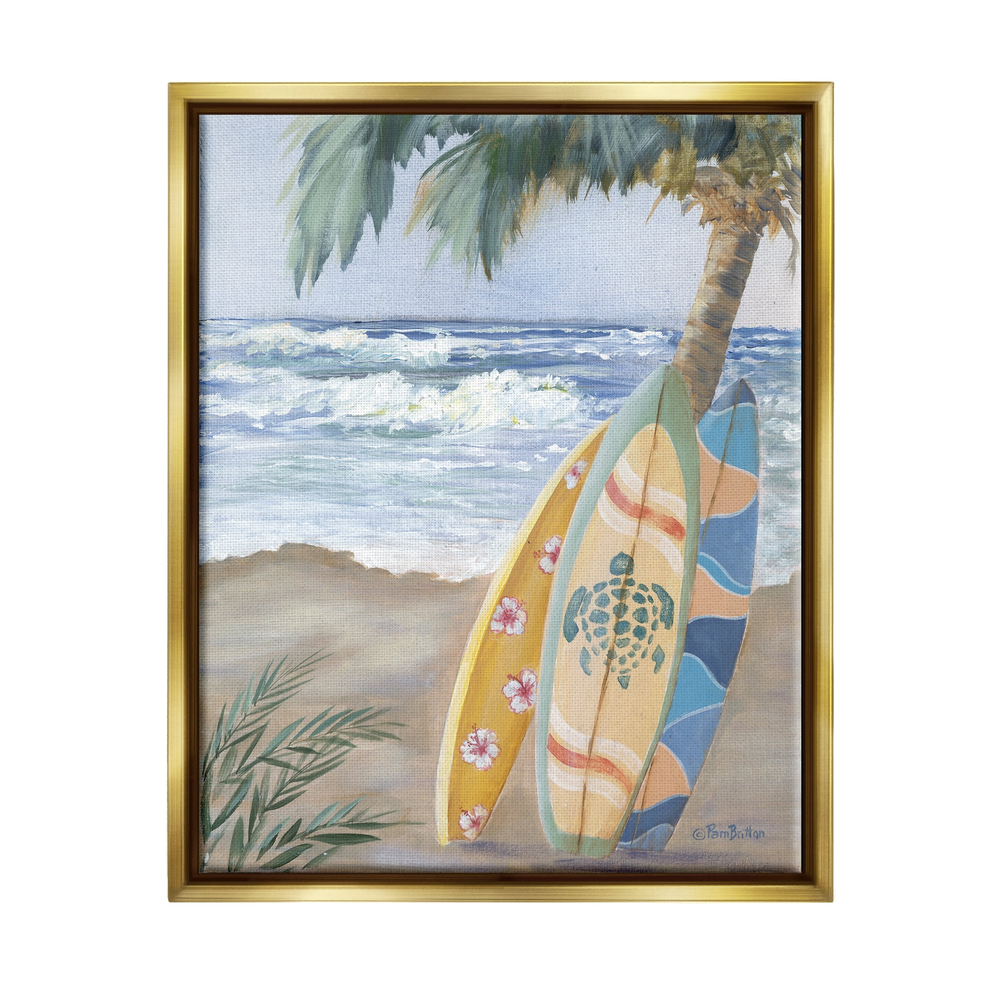 Stupell Fun Summer Surfboards Leaning Palm Tree Landscape Painting Gold Floater Framed Art Print Wall Art