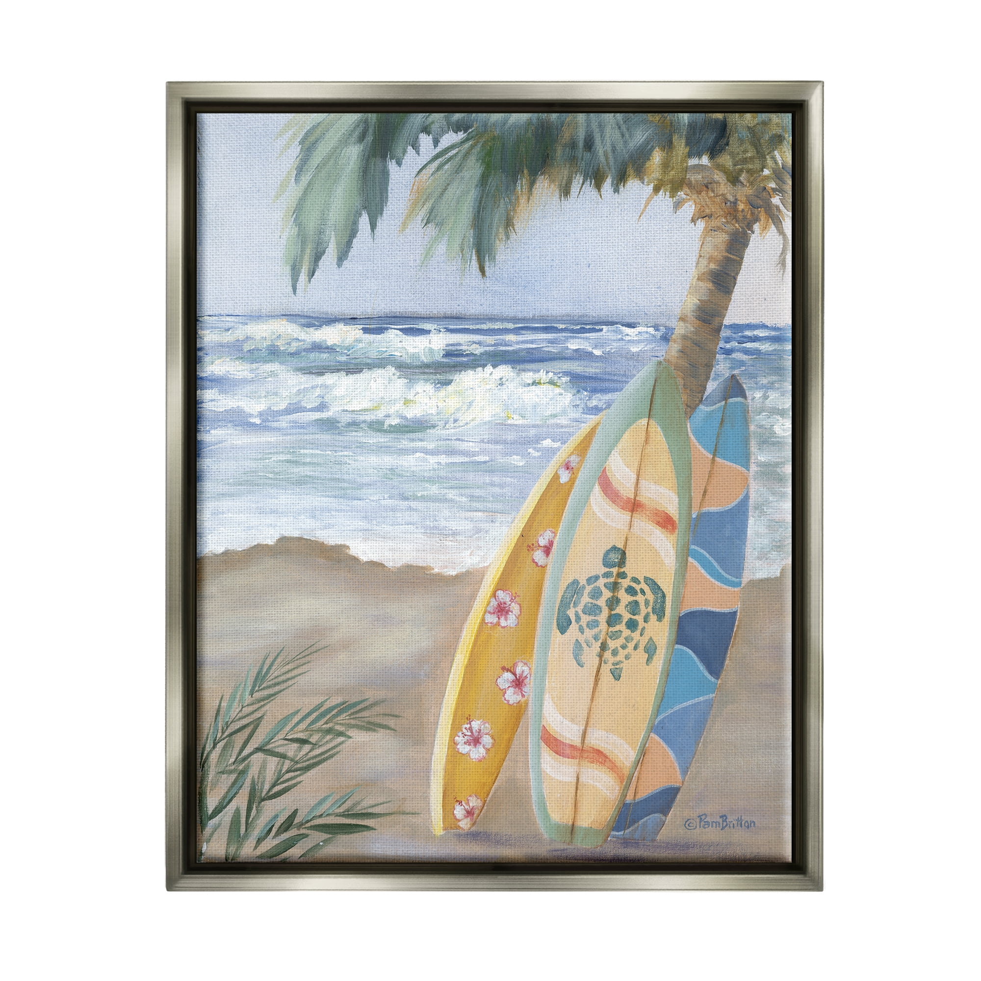 Stupell Fun Summer Surfboards Leaning Palm Tree Landscape Painting Gray Floater Framed Art Print Wall Art