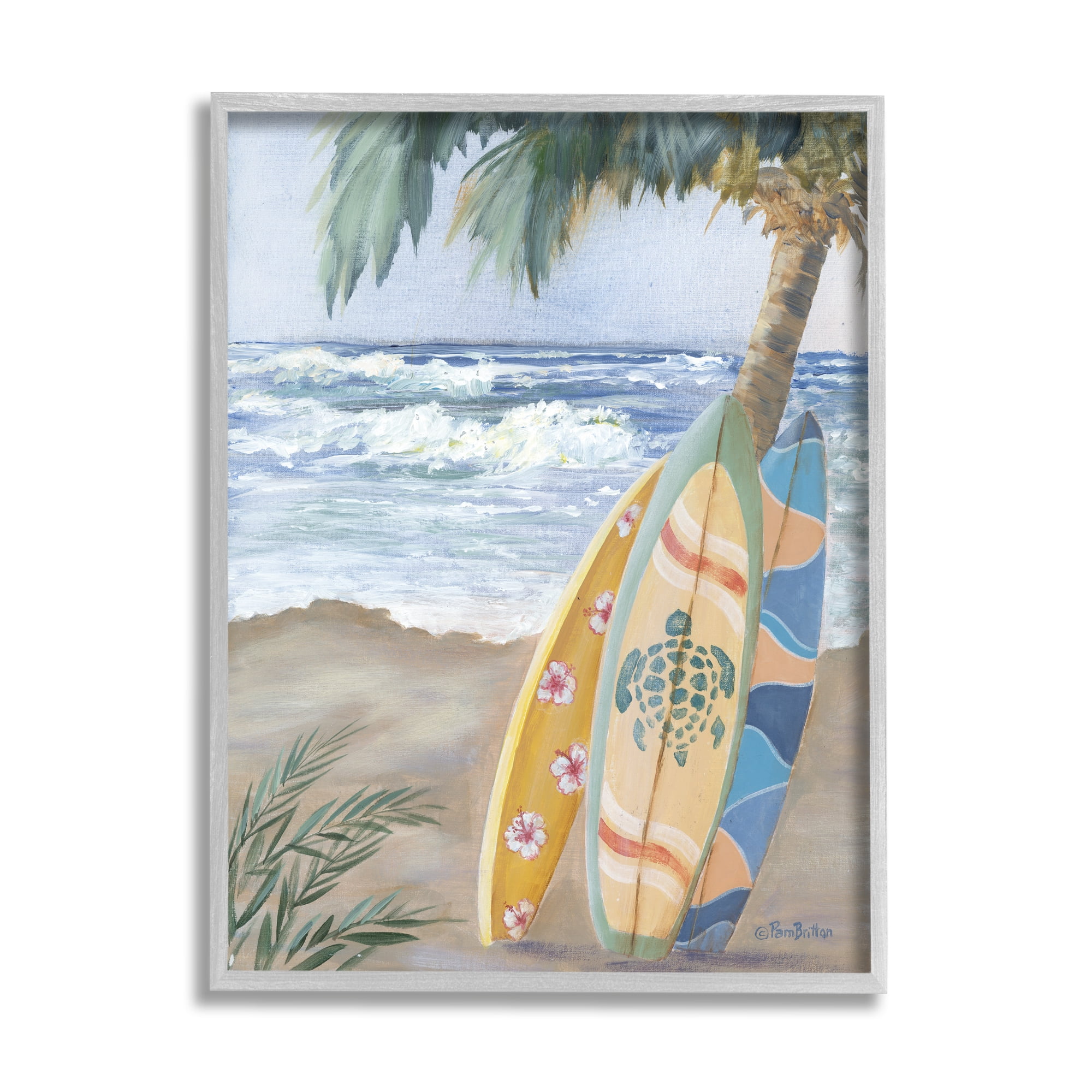Stupell Fun Summer Surfboards Leaning Palm Tree Landscape Painting Gray Framed Art Print Wall Art