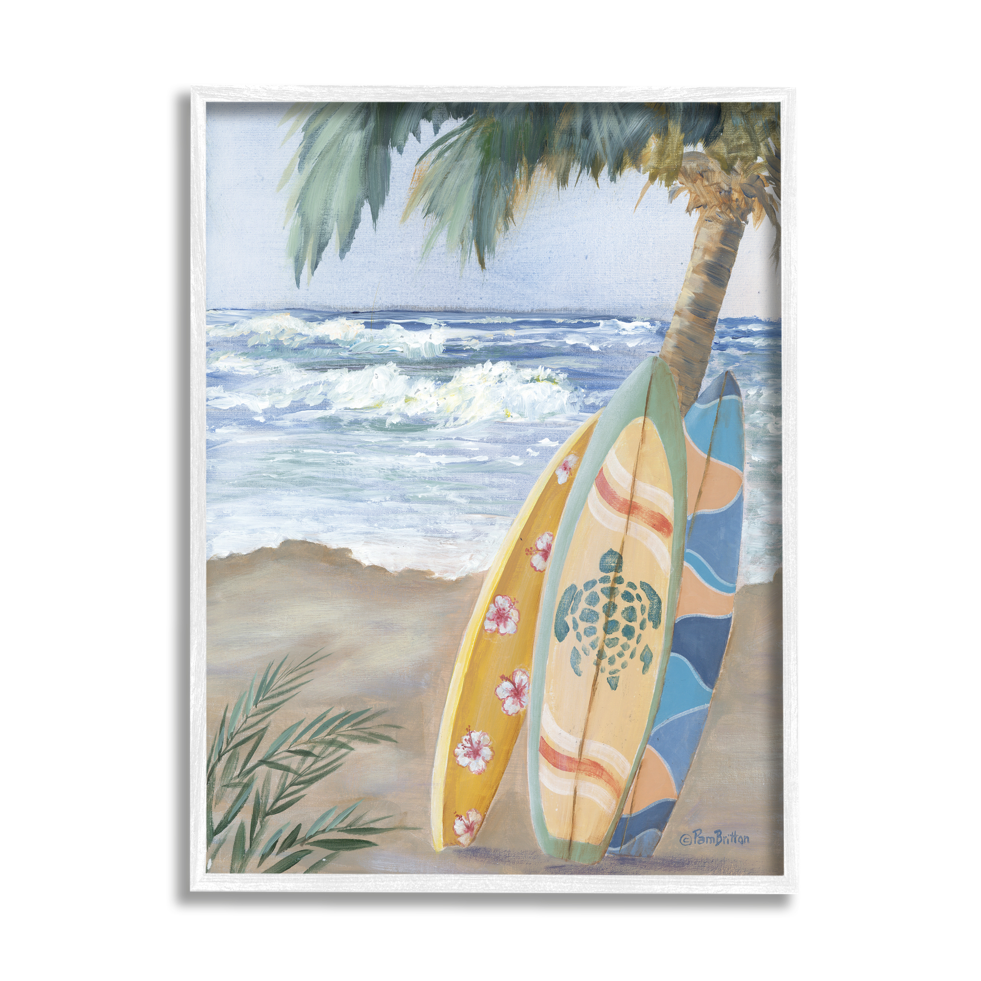 Stupell Fun Summer Surfboards Leaning Palm Tree Landscape Painting White Framed Art Print Wall Art