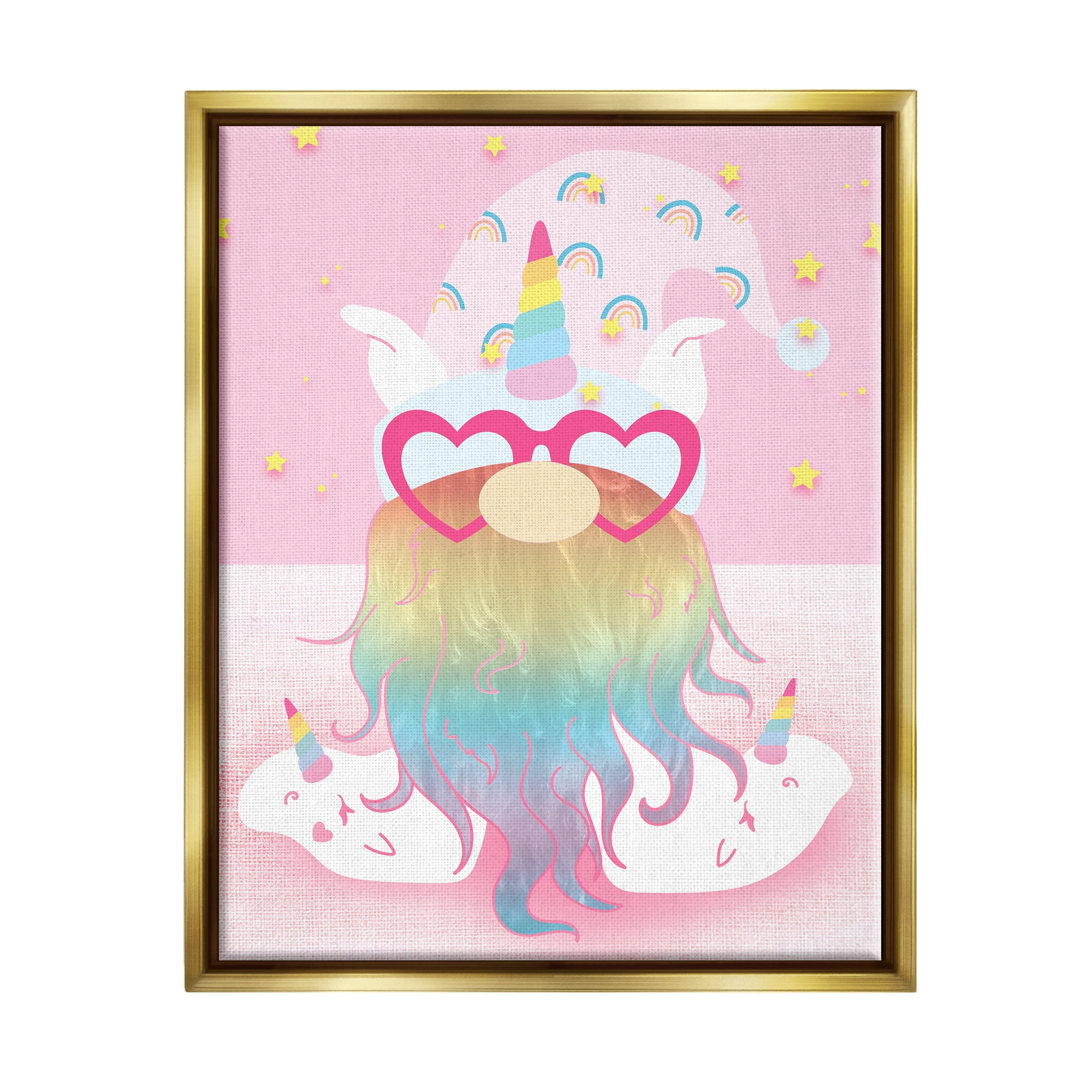 Stupell Fun Unicorn Gnome Pink Rainbow Fairy Tales & Fantasy Painting Gold Floater Framed Art Print Wall Art