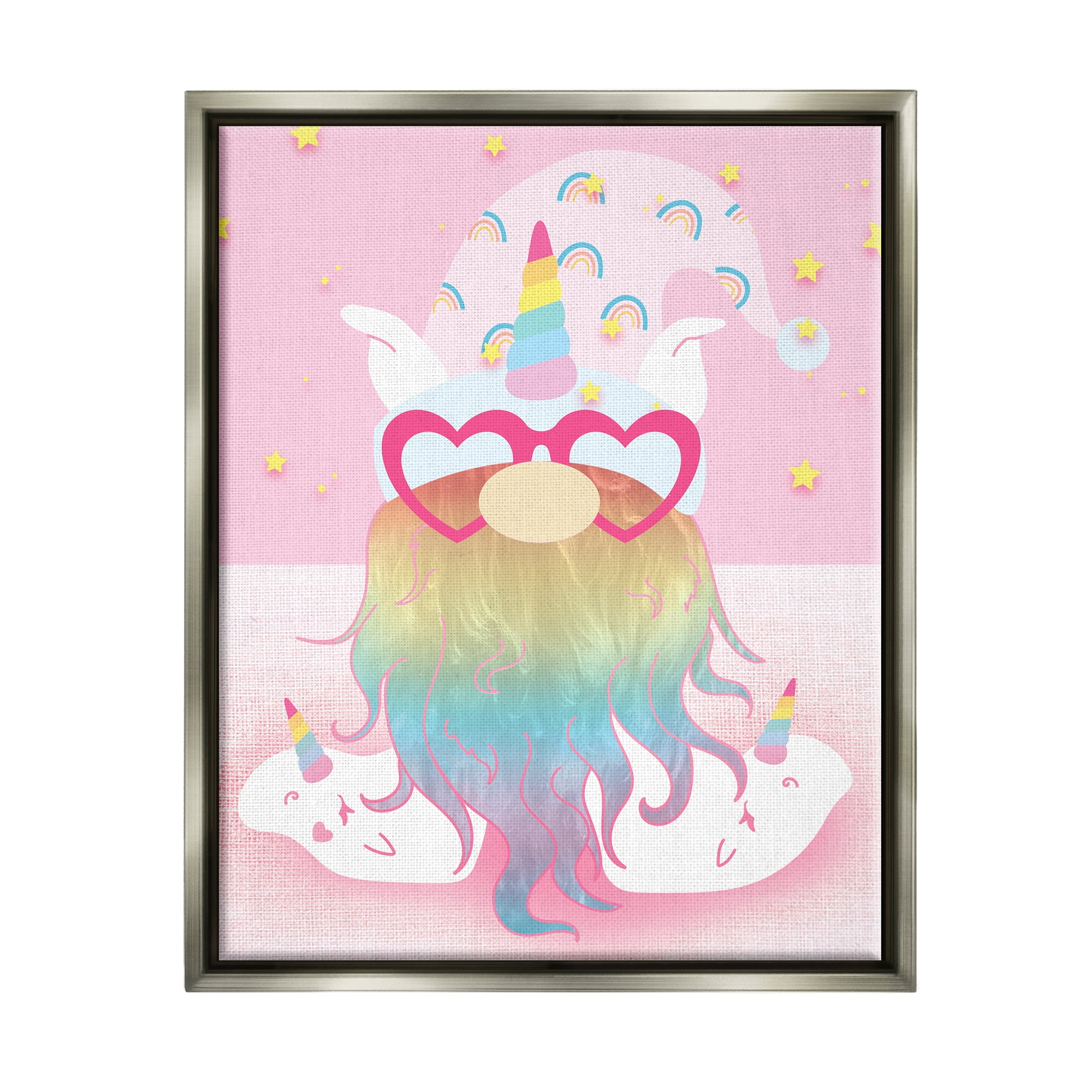 Stupell Fun Unicorn Gnome Pink Rainbow Fairy Tales & Fantasy Painting Gray Floater Framed Art Print Wall Art