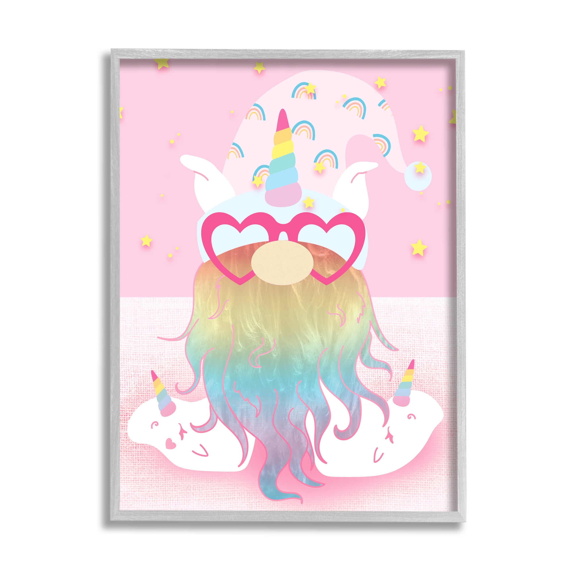 Stupell Fun Unicorn Gnome Pink Rainbow Fairy Tales & Fantasy Painting Gray Framed Art Print Wall Art