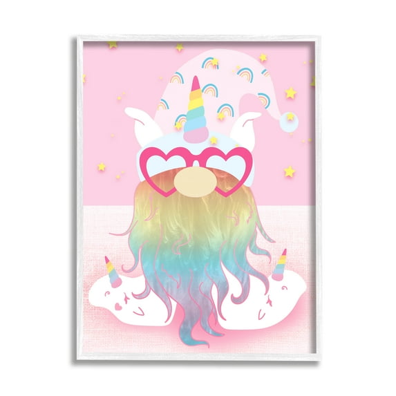 Stupell Fun Unicorn Gnome Pink Rainbow Fairy Tales & Fantasy Painting White Framed Art Print Wall Art