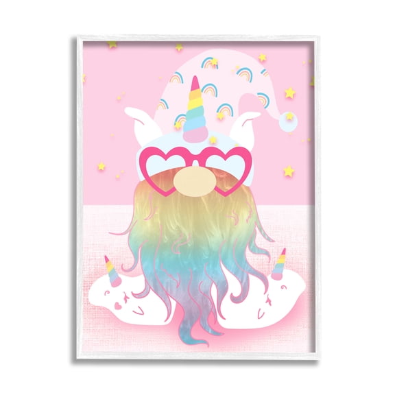Stupell Fun Unicorn Gnome Pink Rainbow Fairy Tales & Fantasy Painting White Framed Art Print Wall Art