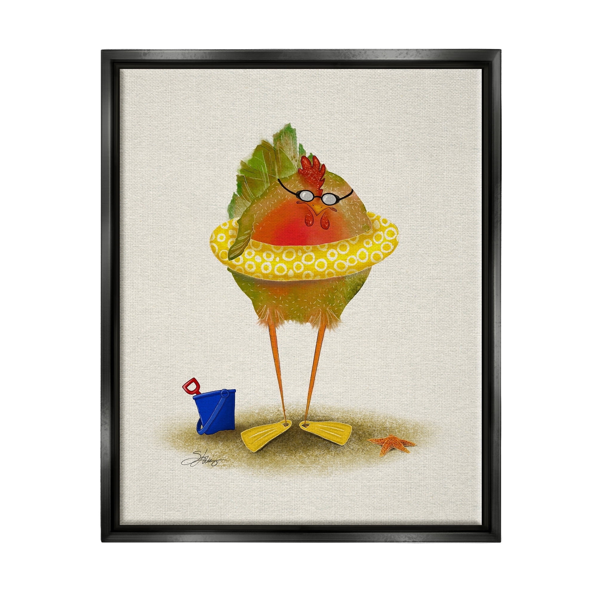 Stupell Fun Whimsical Bird Beach Tube Landscape Painting Black Floater Framed Art Print Wall Art
