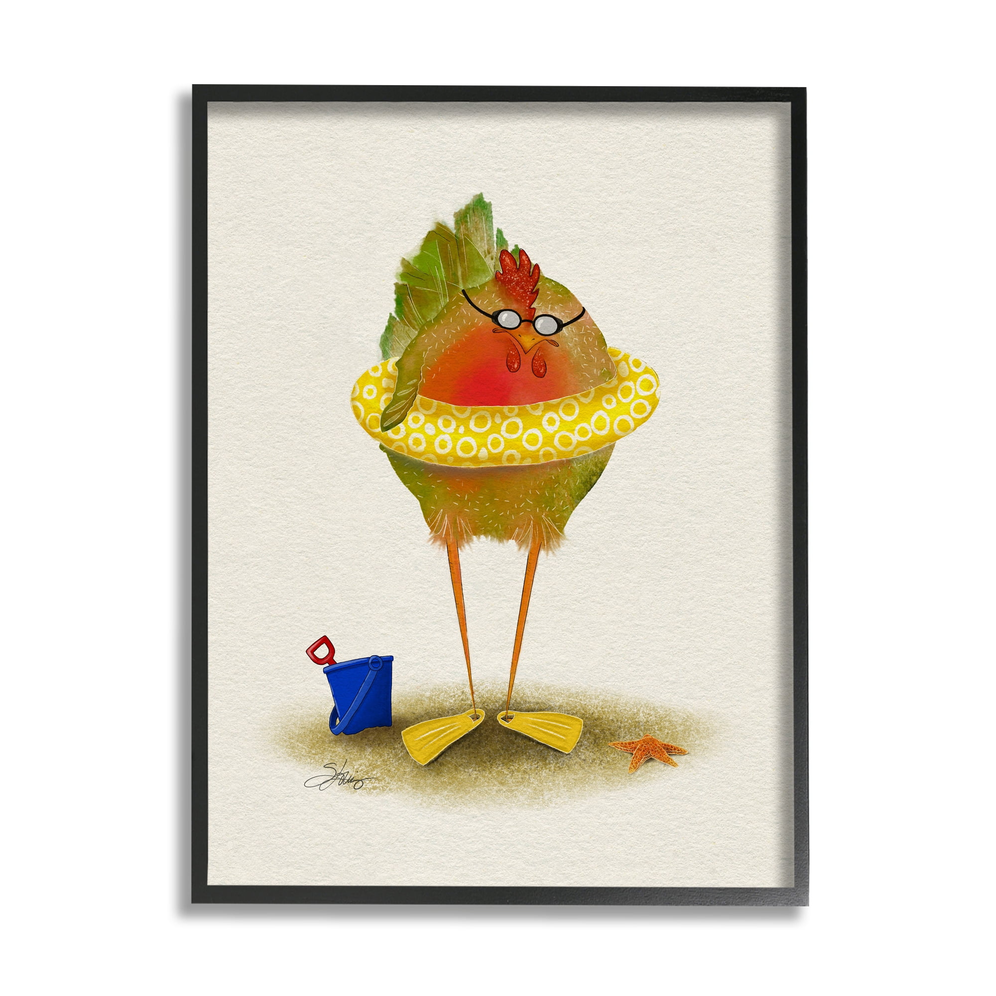 Stupell Fun Whimsical Bird Beach Tube Landscape Painting Black Framed Art Print Wall Art