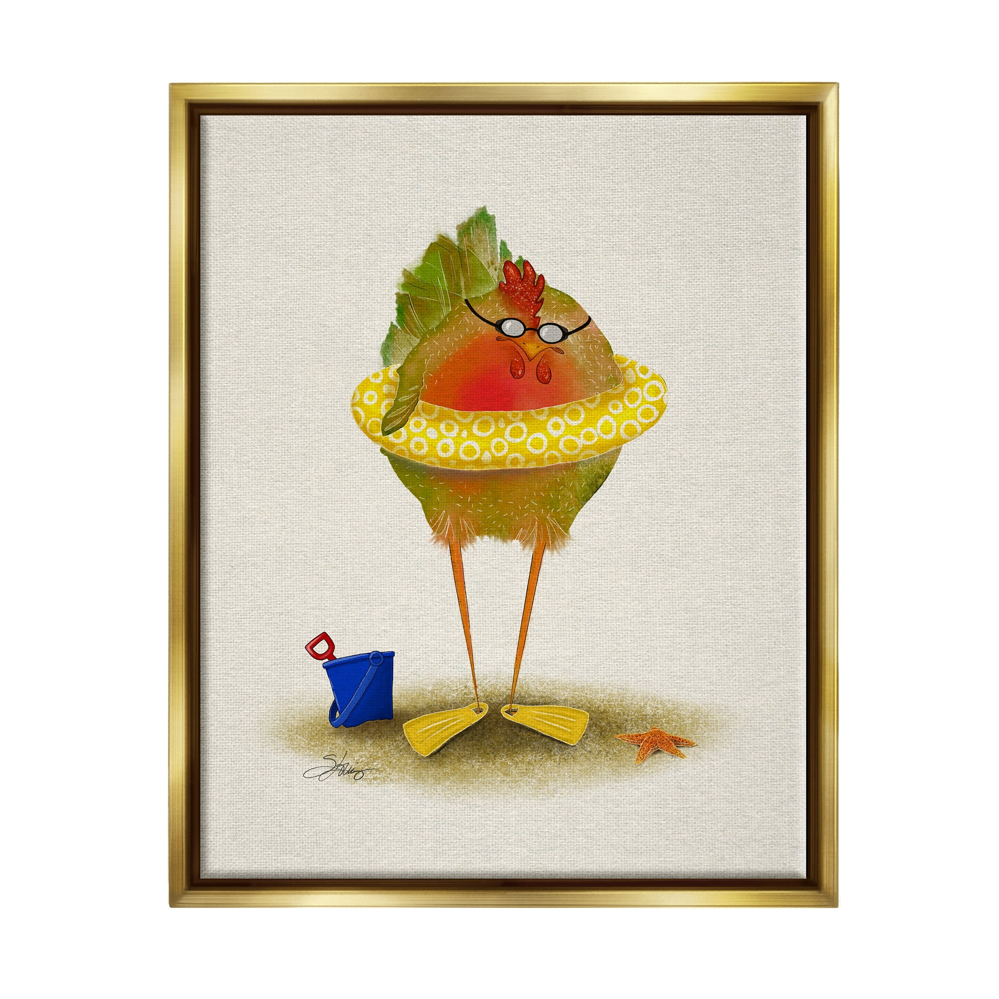 Stupell Fun Whimsical Bird Beach Tube Landscape Painting Gold Floater Framed Art Print Wall Art
