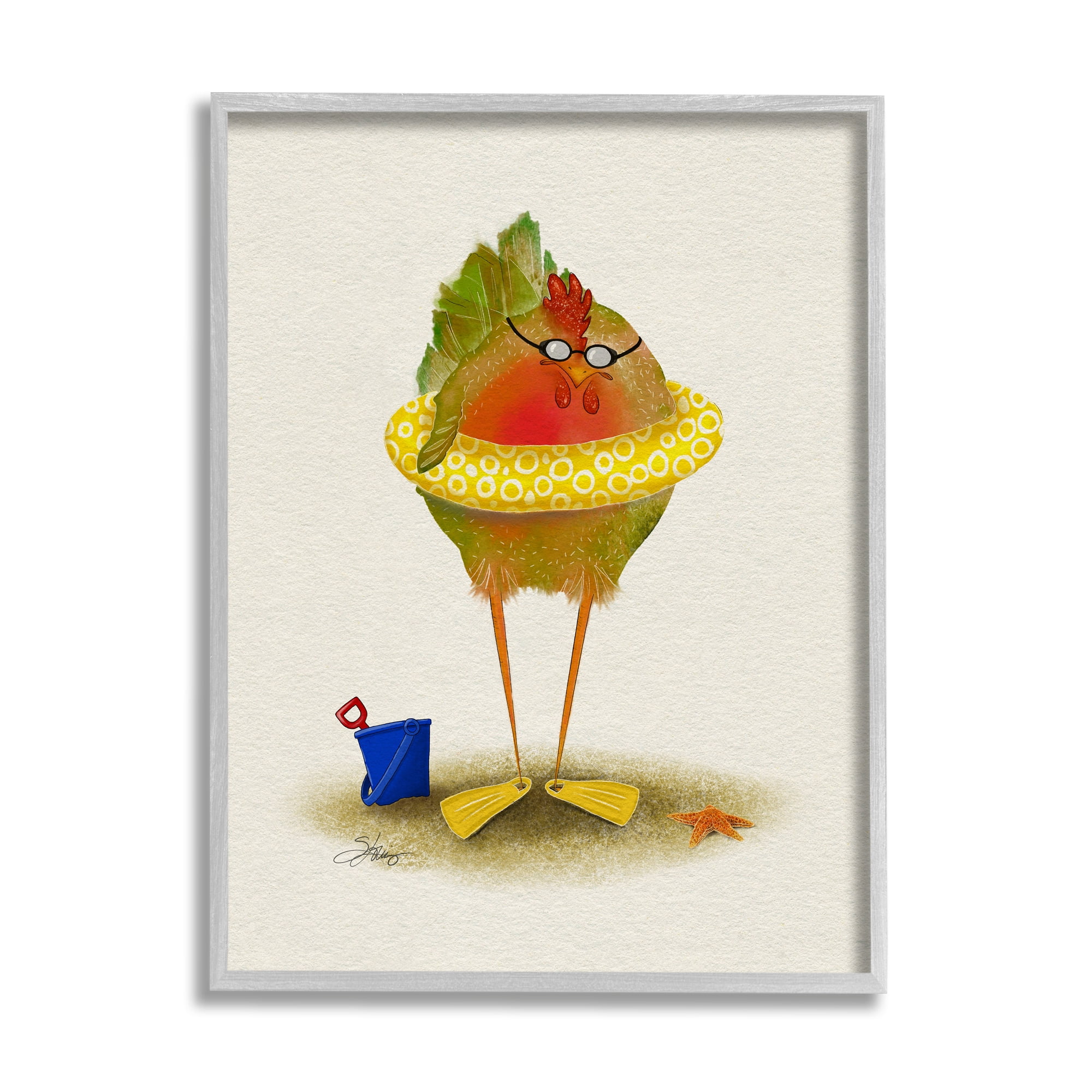 Stupell Fun Whimsical Bird Beach Tube Landscape Painting Gray Framed Art Print Wall Art