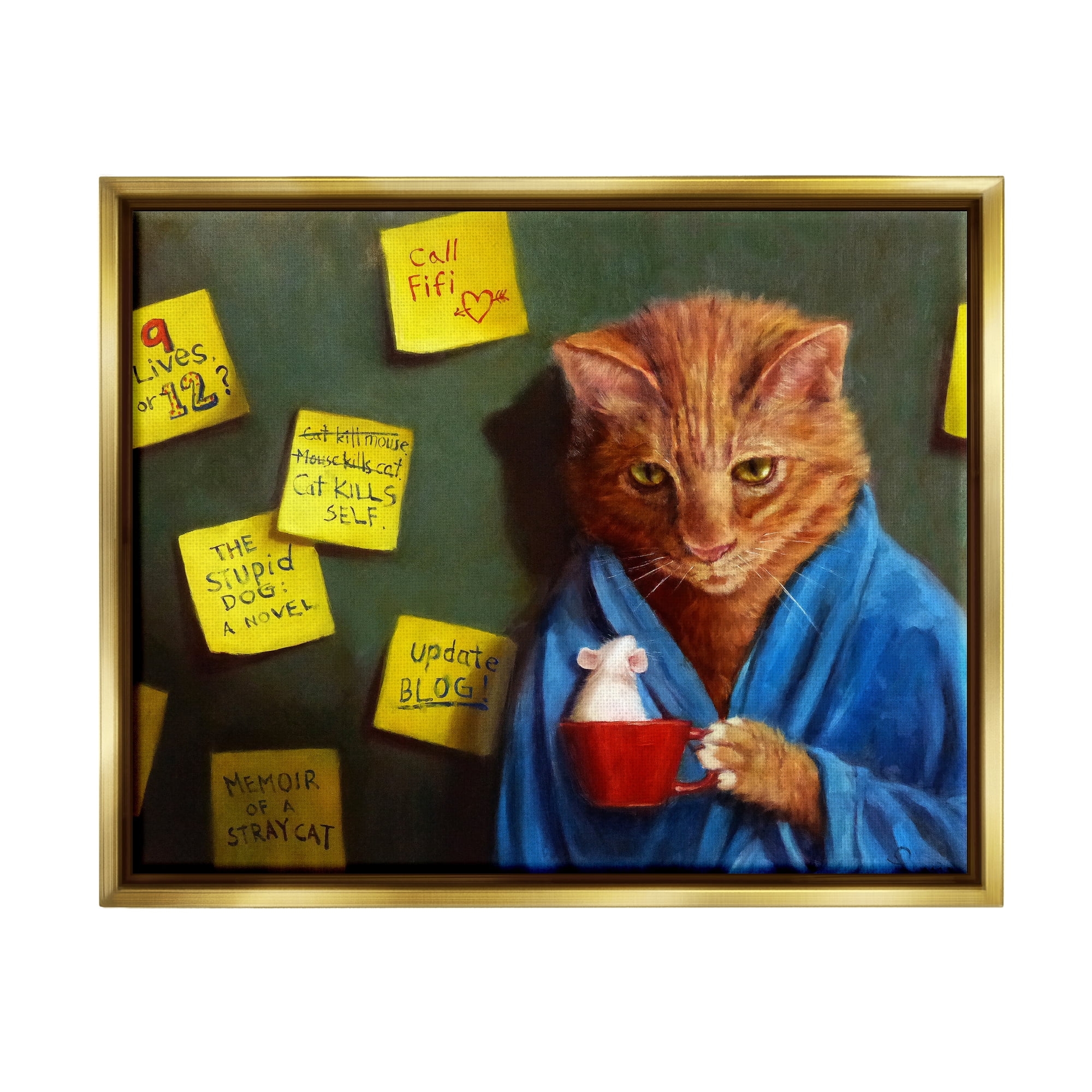 Stupell Funny Cat Morning Coffee Memo Reminders Animals & Insects Painting Gold Floater Framed Art Print Wall Art