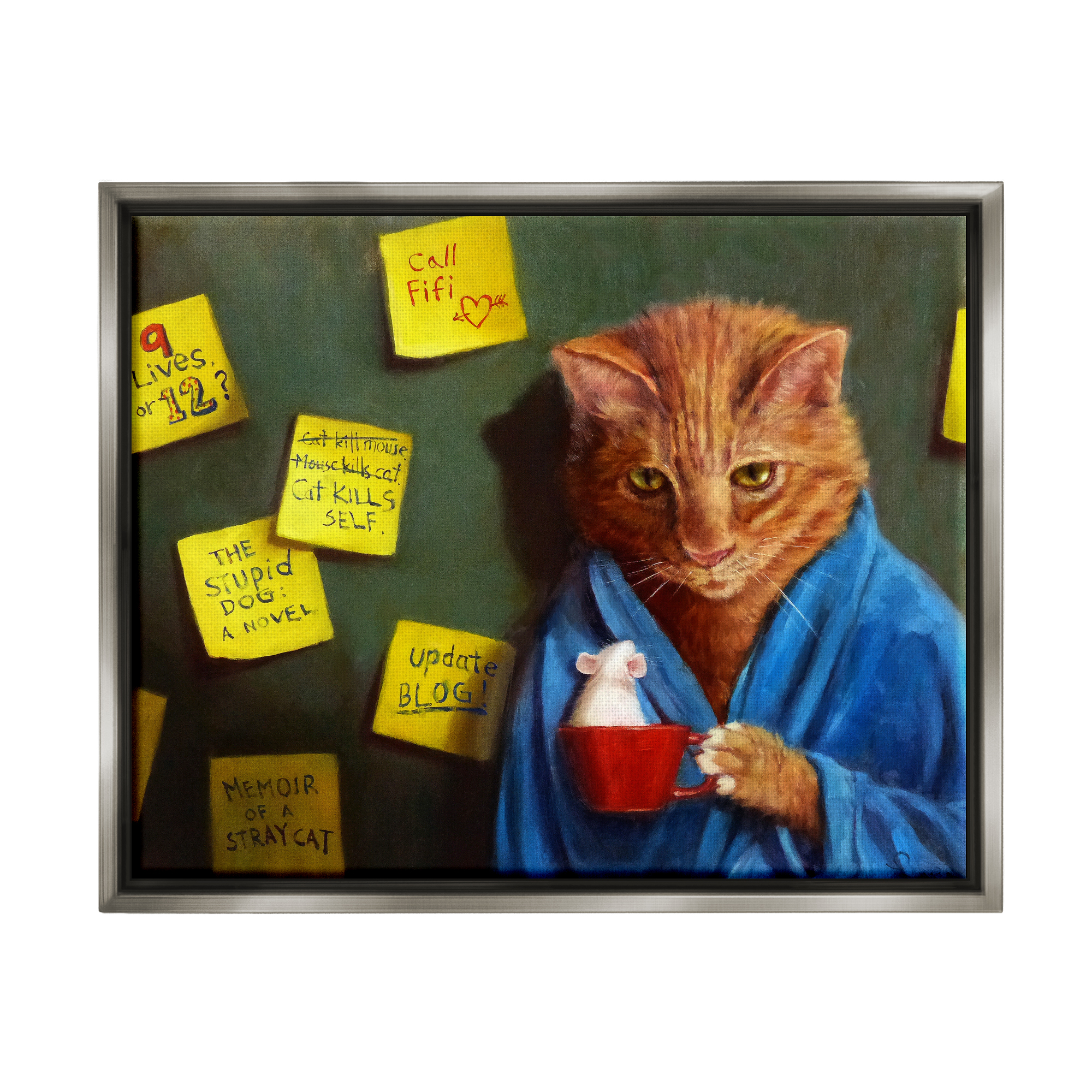 Stupell Funny Cat Morning Coffee Memo Reminders Animals & Insects Painting Gray Floater Framed Art Print Wall Art