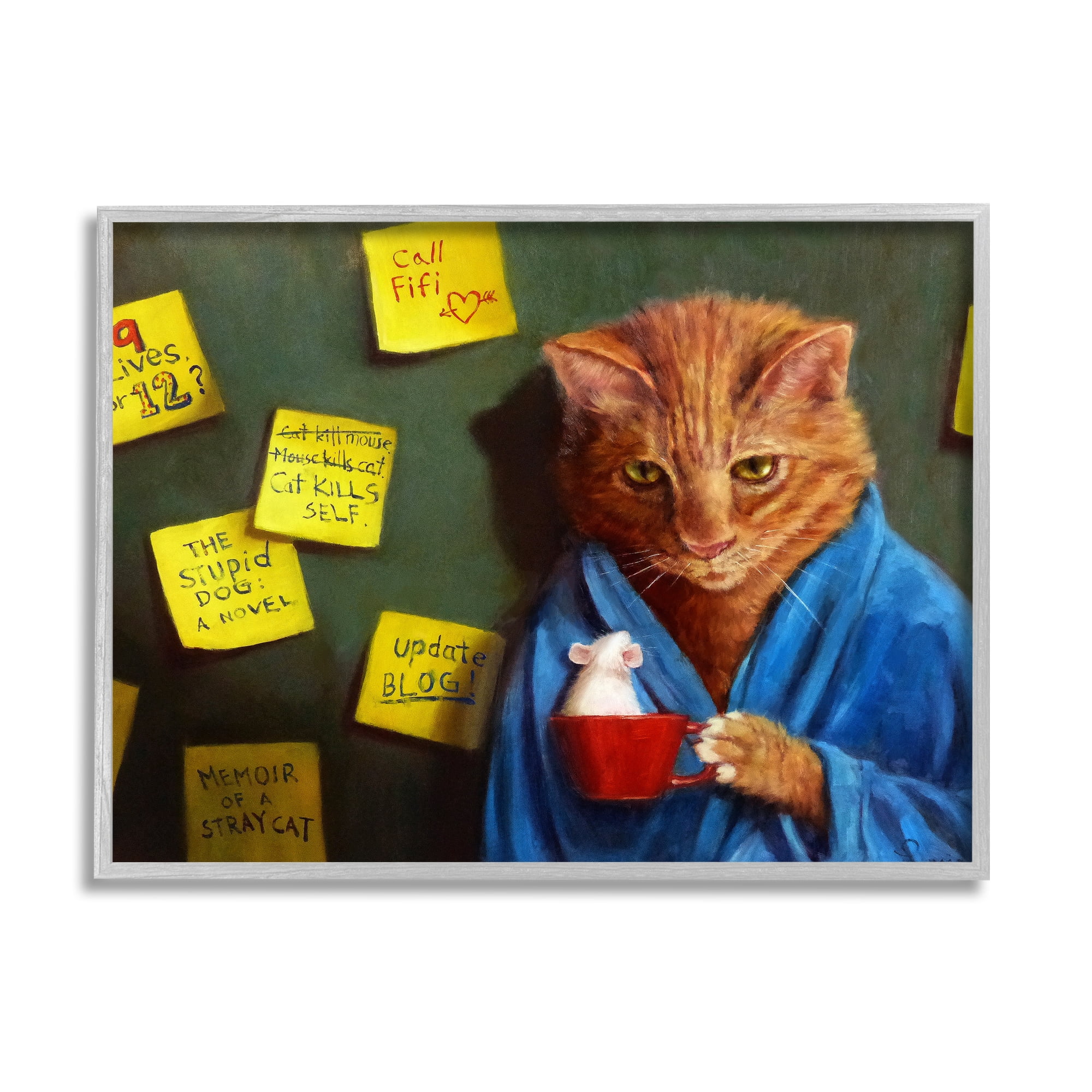 Stupell Funny Cat Morning Coffee Memo Reminders Animals & Insects Painting Gray Framed Art Print Wall Art