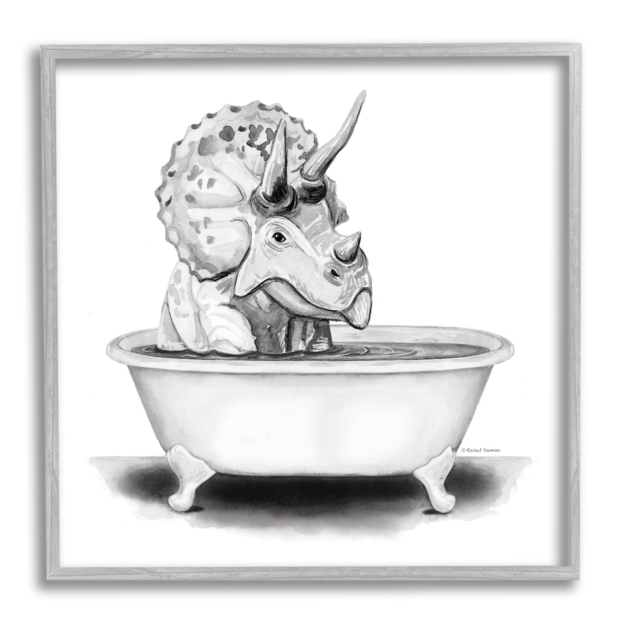 Stupell Funny Dinosaur Bathing Tub Animals & Insects Painting Gray Framed Art Print Wall Art