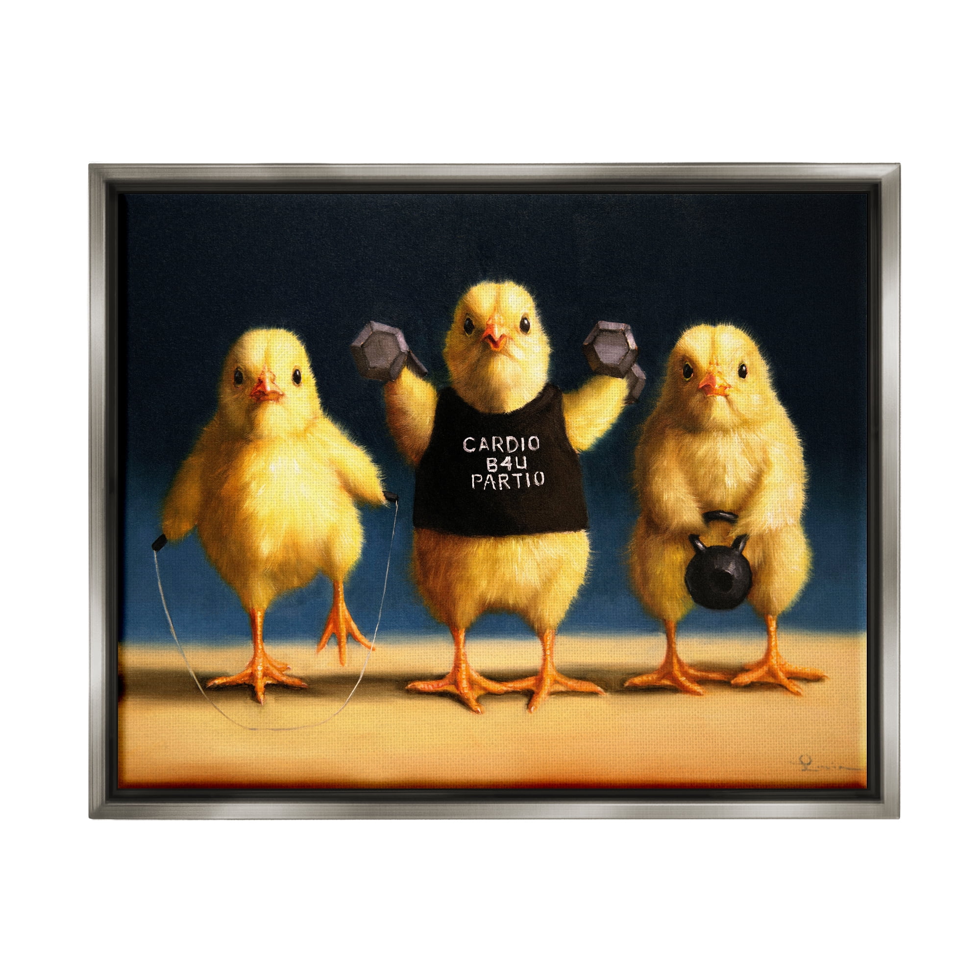 Stupell Funny Exercise Workout Chicks Animals Animals & Insects Painting Gray Floater Framed Art Print Wall Art