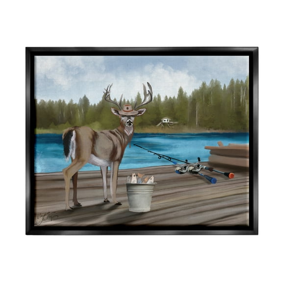 Stupell Funny Fisherman Deer Camp Lake Animals & Insects Painting Black Floater Framed Art Print Wall Art