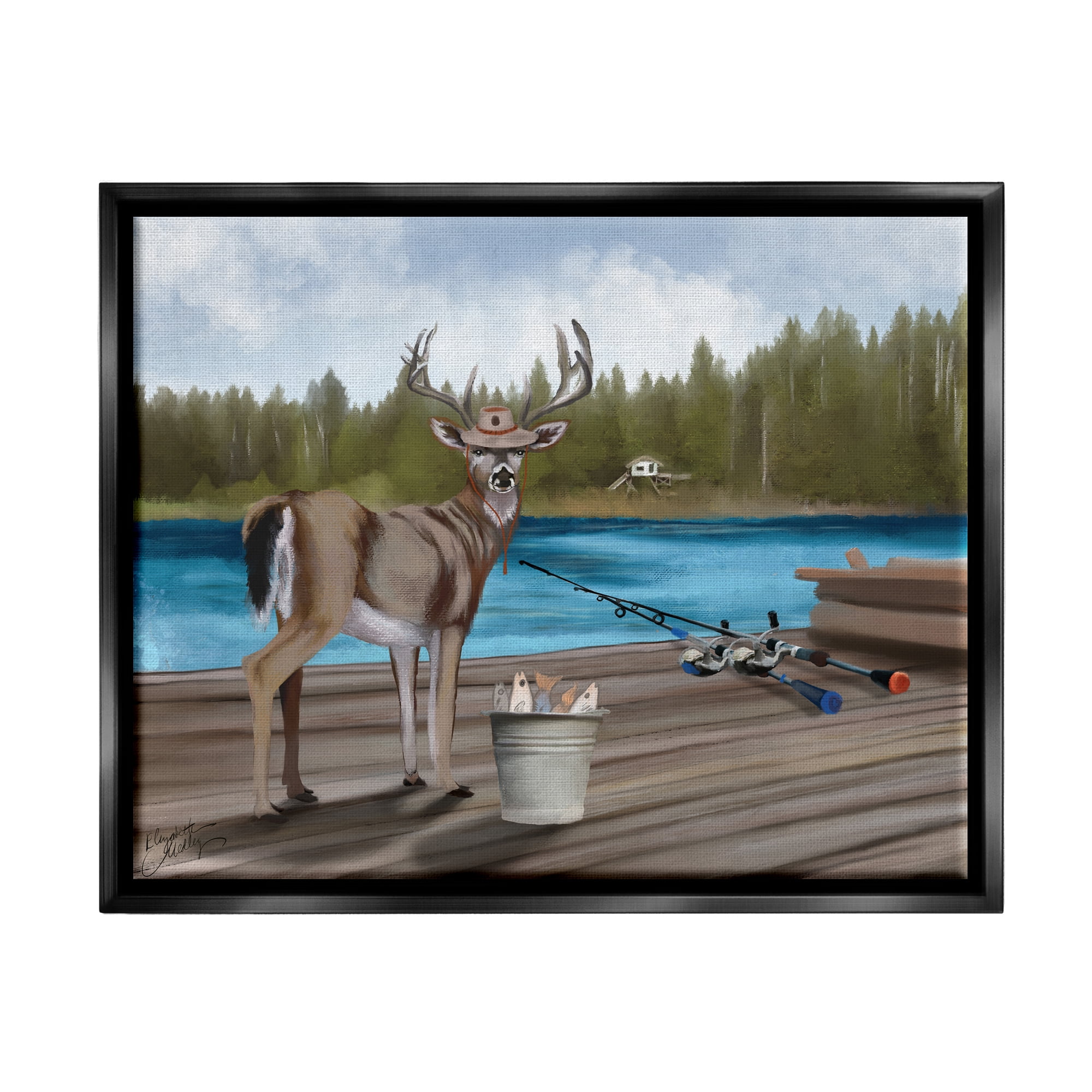 Stupell Funny Fisherman Deer Camp Lake Animals & Insects Painting Black Floater Framed Art Print Wall Art