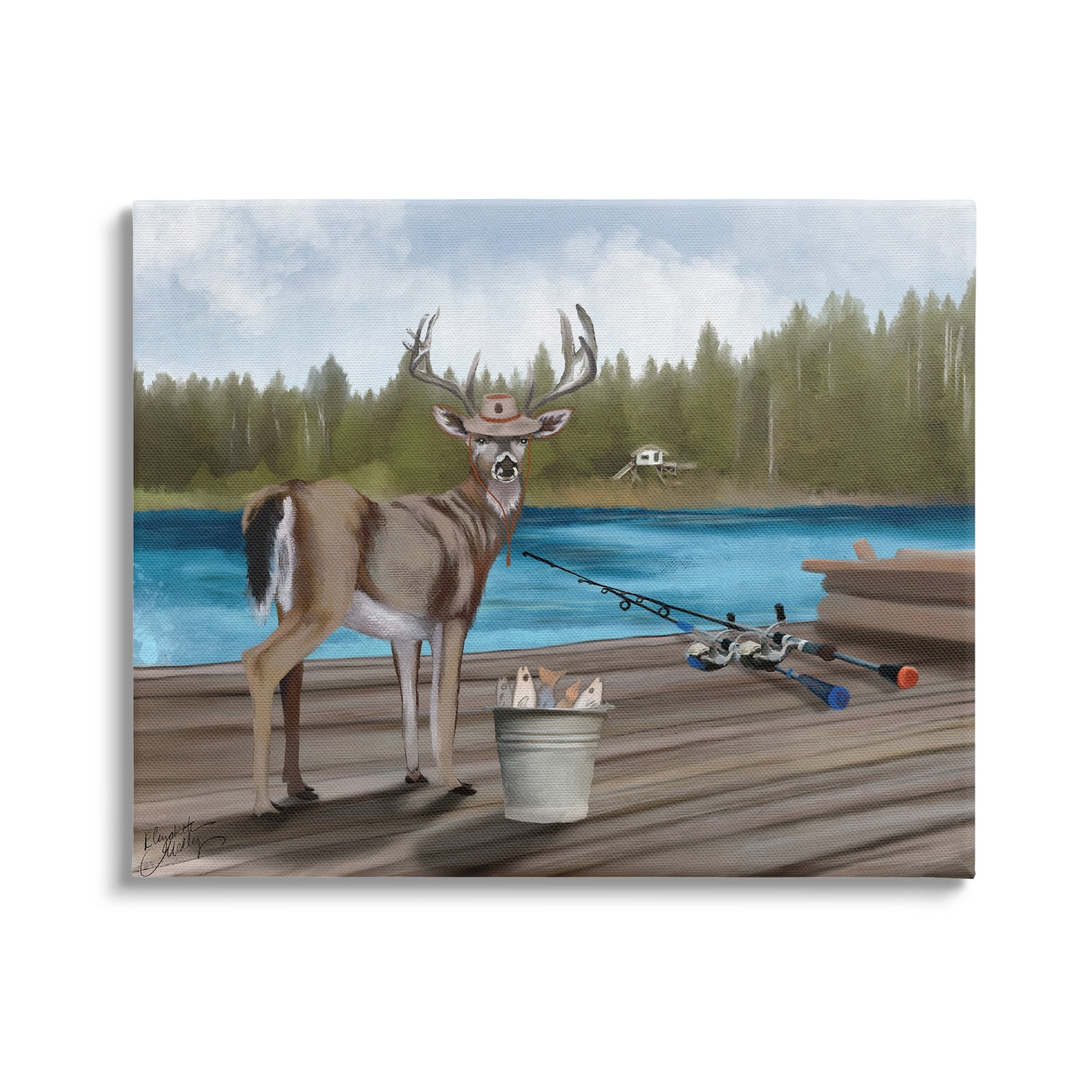 Stupell Funny Fisherman Deer Camp Lake Animals & Insects Painting Gallery Wrapped Canvas Print Wall Art
