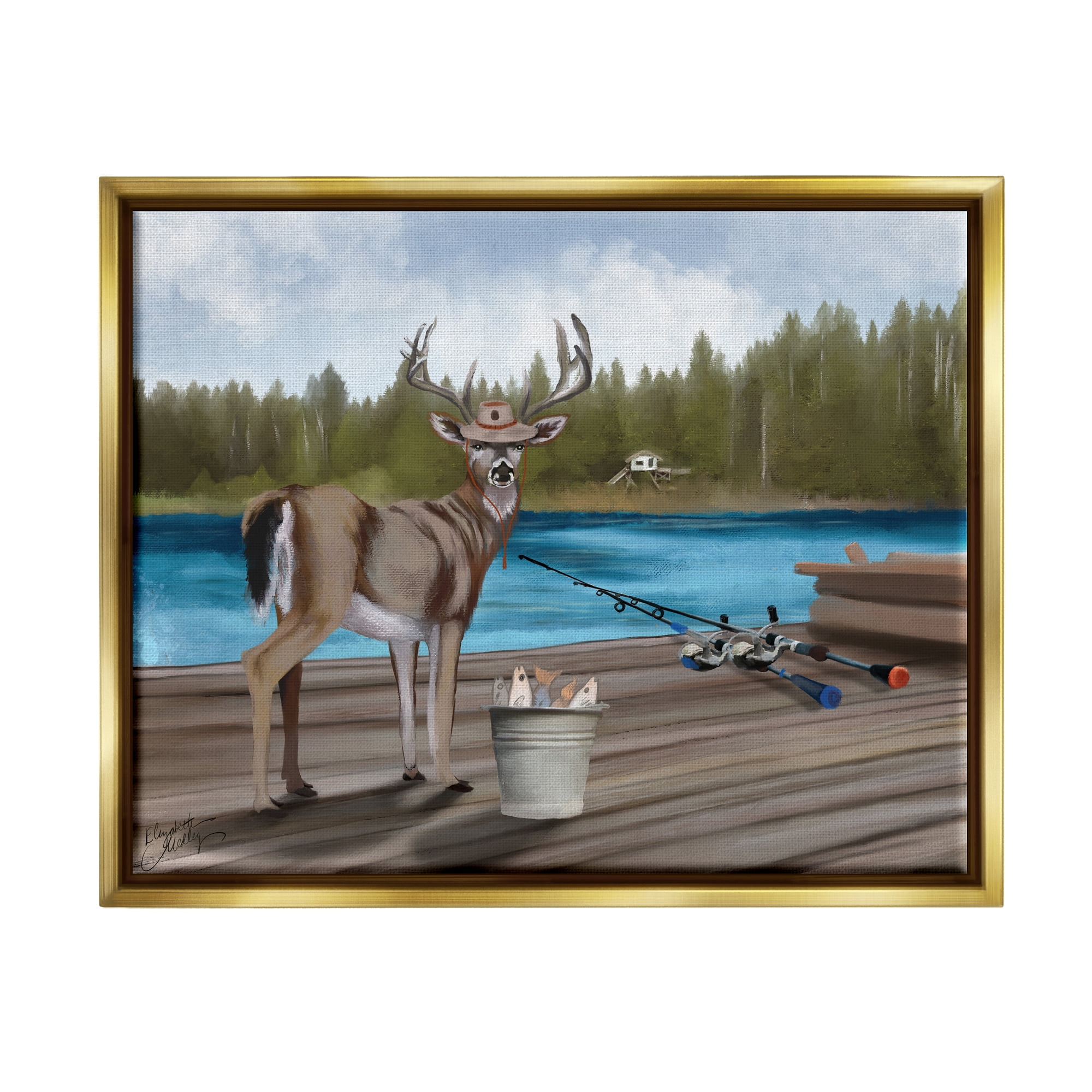 Stupell Funny Fisherman Deer Camp Lake Animals & Insects Painting Gold Floater Framed Art Print Wall Art