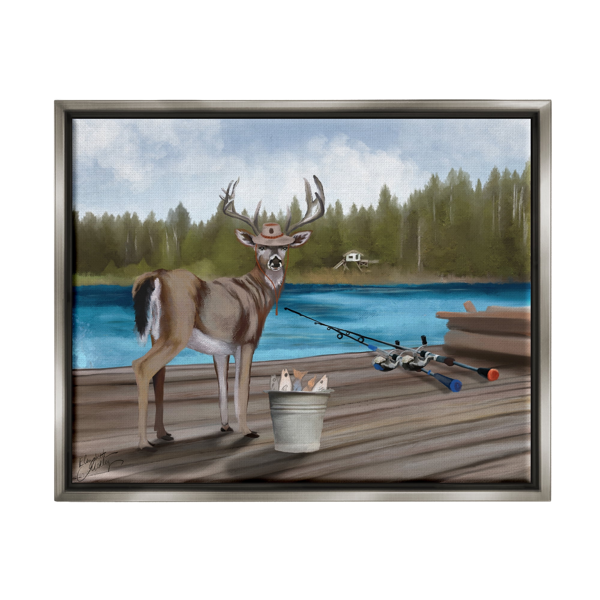 Stupell Funny Fisherman Deer Camp Lake Animals & Insects Painting Gray Floater Framed Art Print Wall Art
