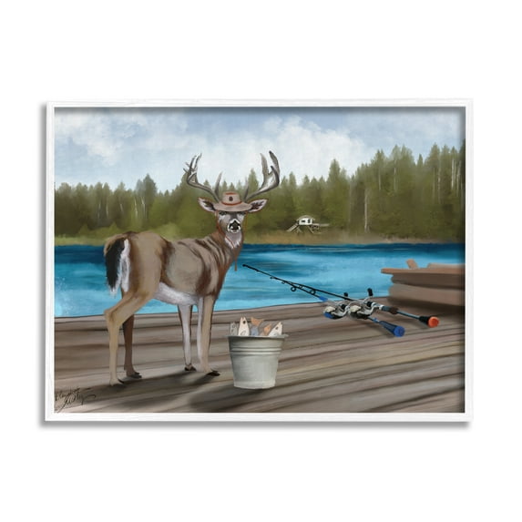 Stupell Funny Fisherman Deer Camp Lake Animals & Insects Painting White Framed Art Print Wall Art