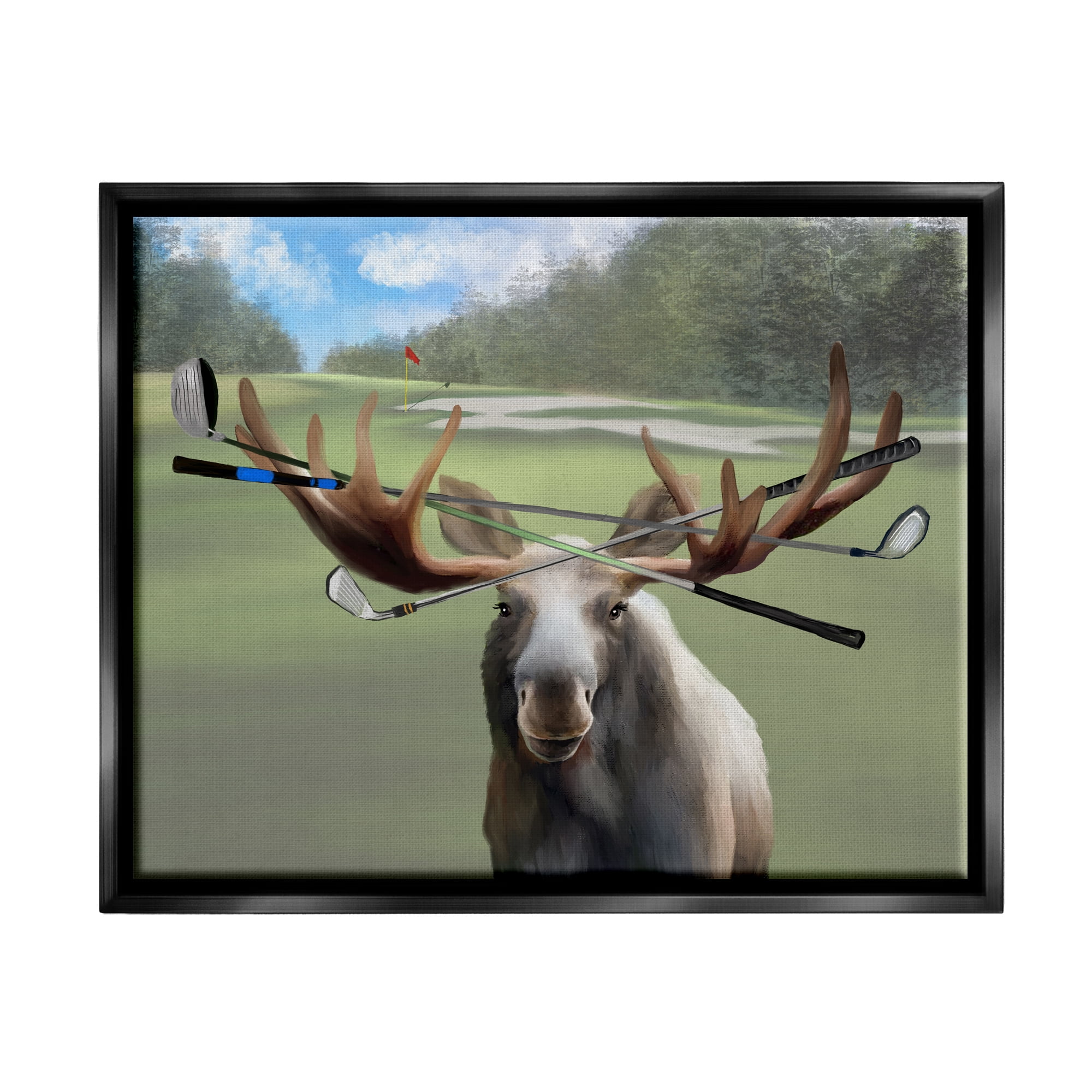 Stupell Funny Golf Clubs Moose Antlers Animals & Insects Painting Black Floater Framed Art Print Wall Art