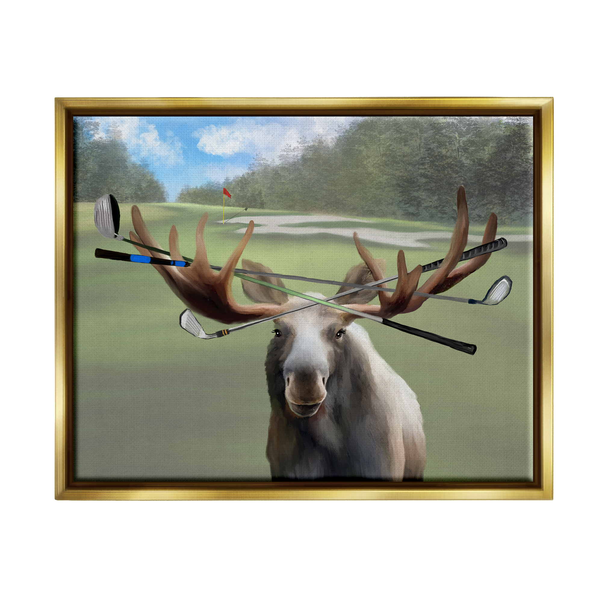 Stupell Funny Golf Clubs Moose Antlers Animals & Insects Painting Gold Floater Framed Art Print Wall Art