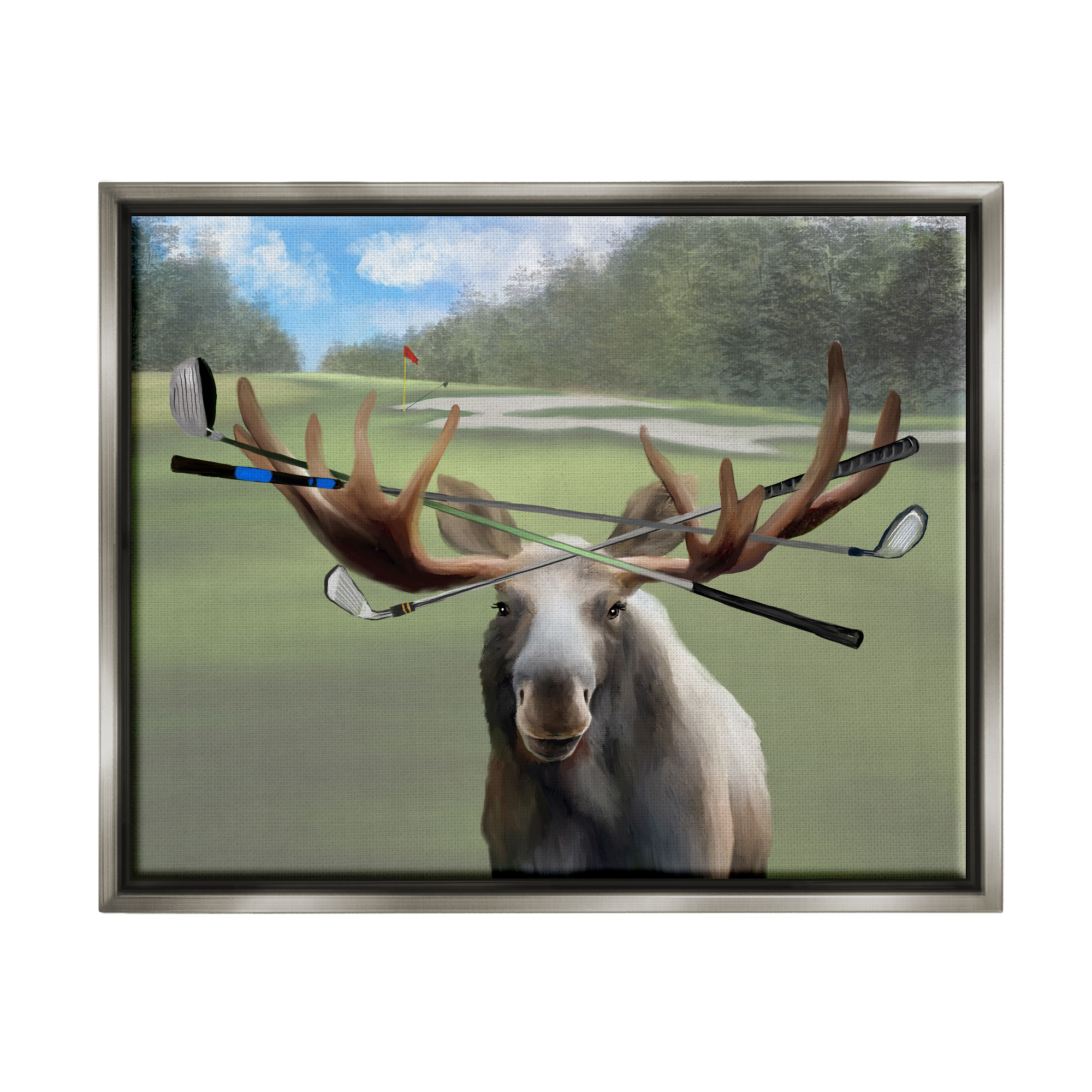 Stupell Funny Golf Clubs Moose Antlers Animals & Insects Painting Gray Floater Framed Art Print Wall Art