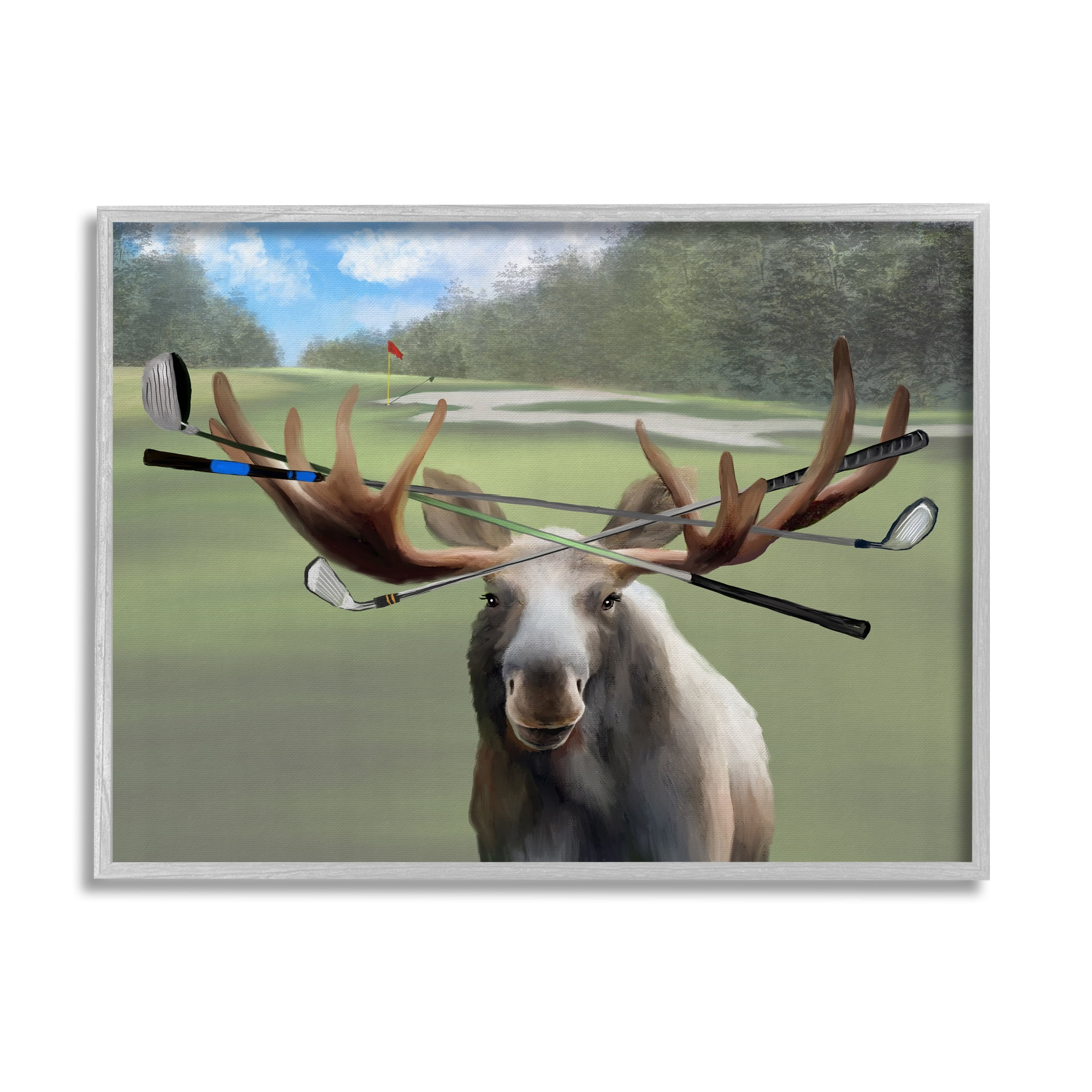 Stupell Funny Golf Clubs Moose Antlers Animals & Insects Painting Gray Framed Art Print Wall Art