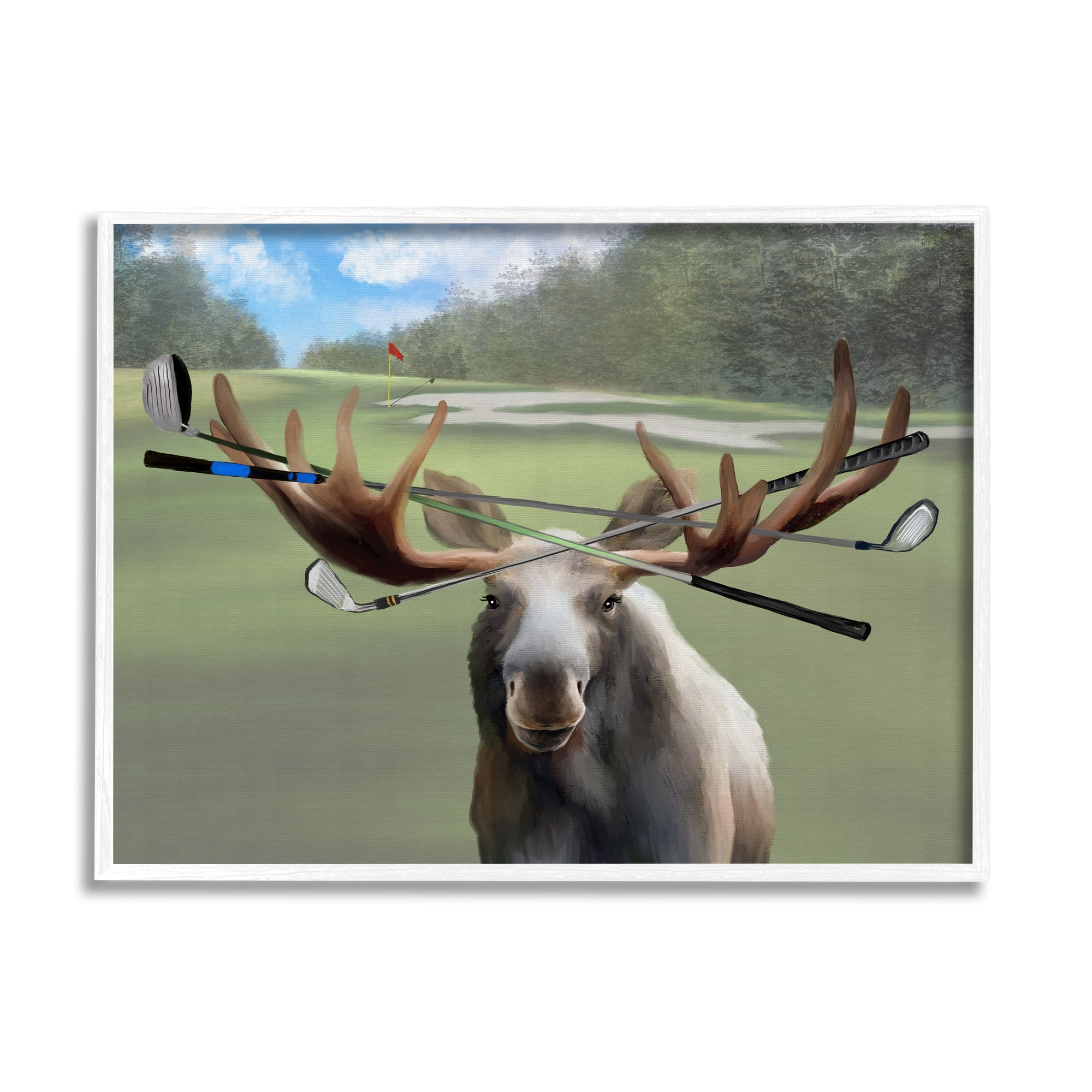 Stupell Funny Golf Clubs Moose Antlers Animals & Insects Painting White Framed Art Print Wall Art