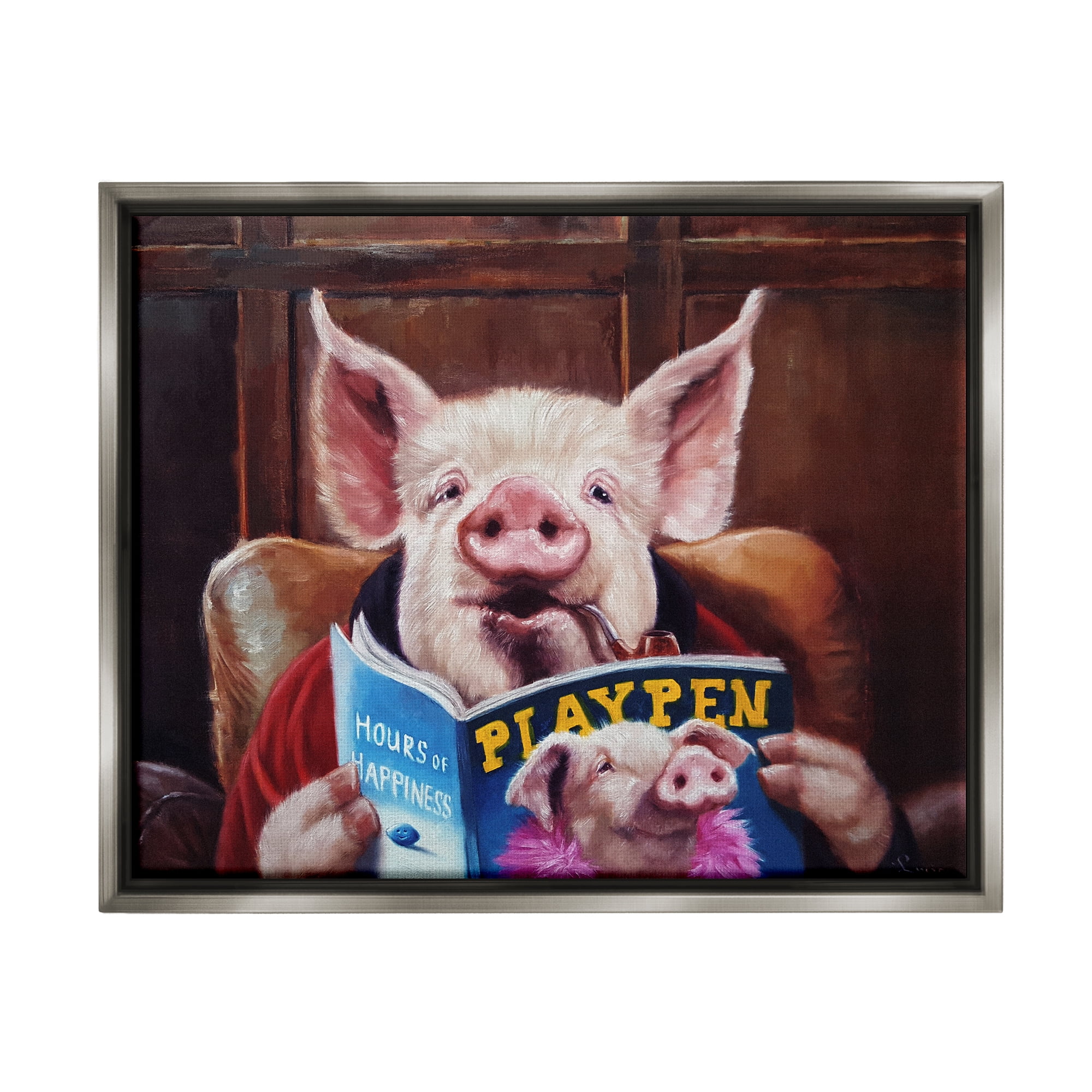 Stupell Funny Pig Magazine Man Cave Animals & Insects Painting Gray Floater Framed Art Print Wall Art