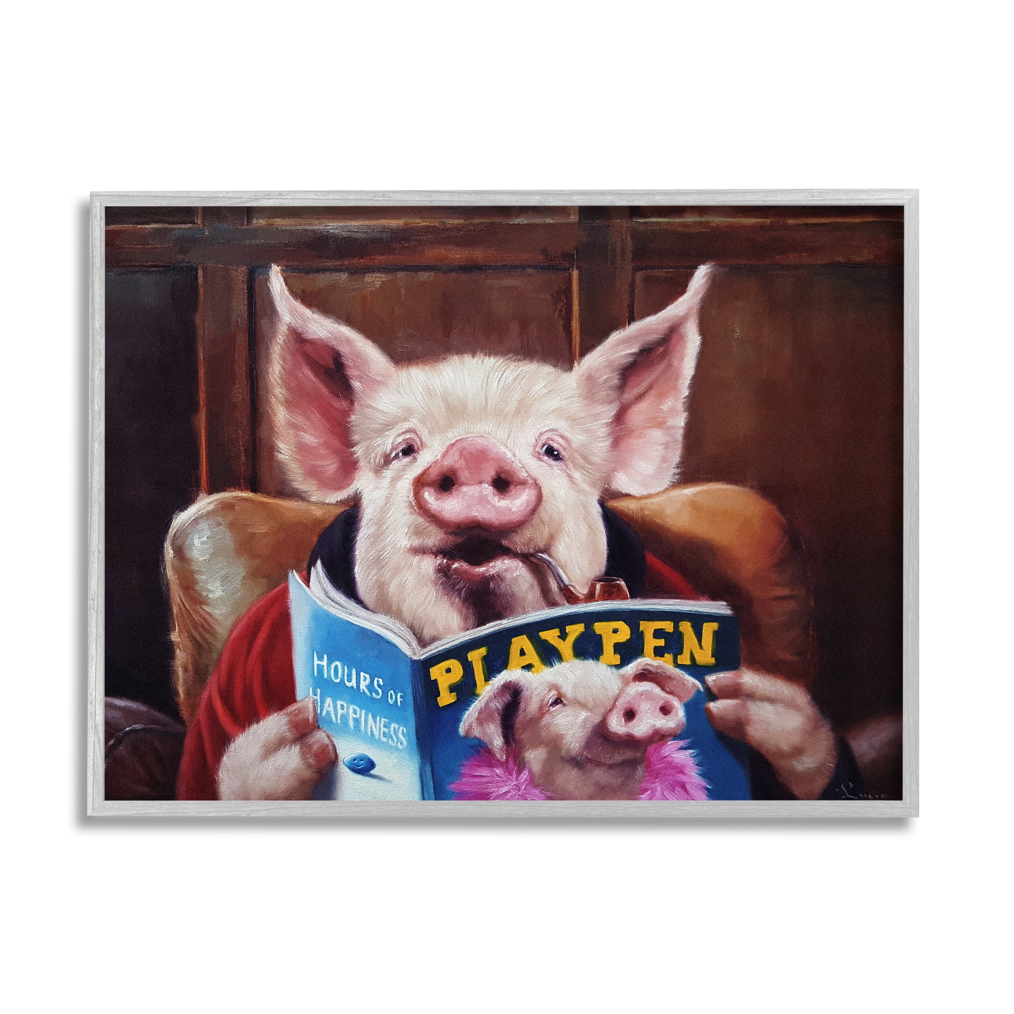 Stupell Funny Pig Magazine Man Cave Animals & Insects Painting Gray Framed Art Print Wall Art