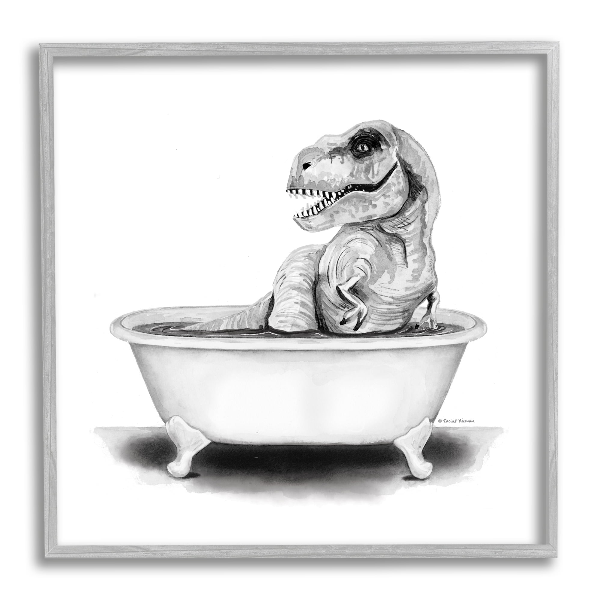 Stupell Funny T-Rex Bathtub Washroom Animals & Insects Painting Gray Framed Art Print Wall Art