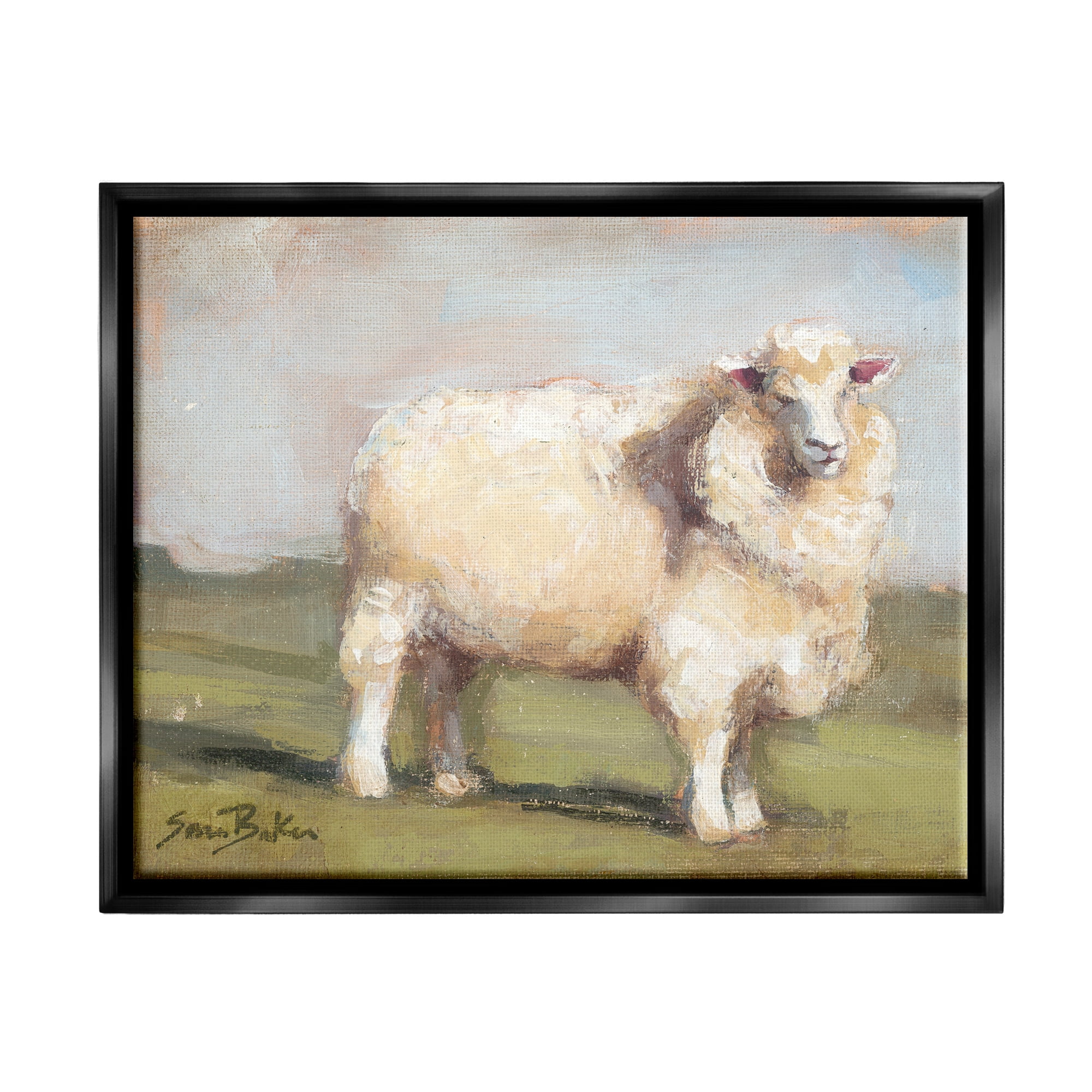 Stupell Fuzzy Sheep Country Landscape Animals & Insects Painting Black Floater Framed Art Print Wall Art