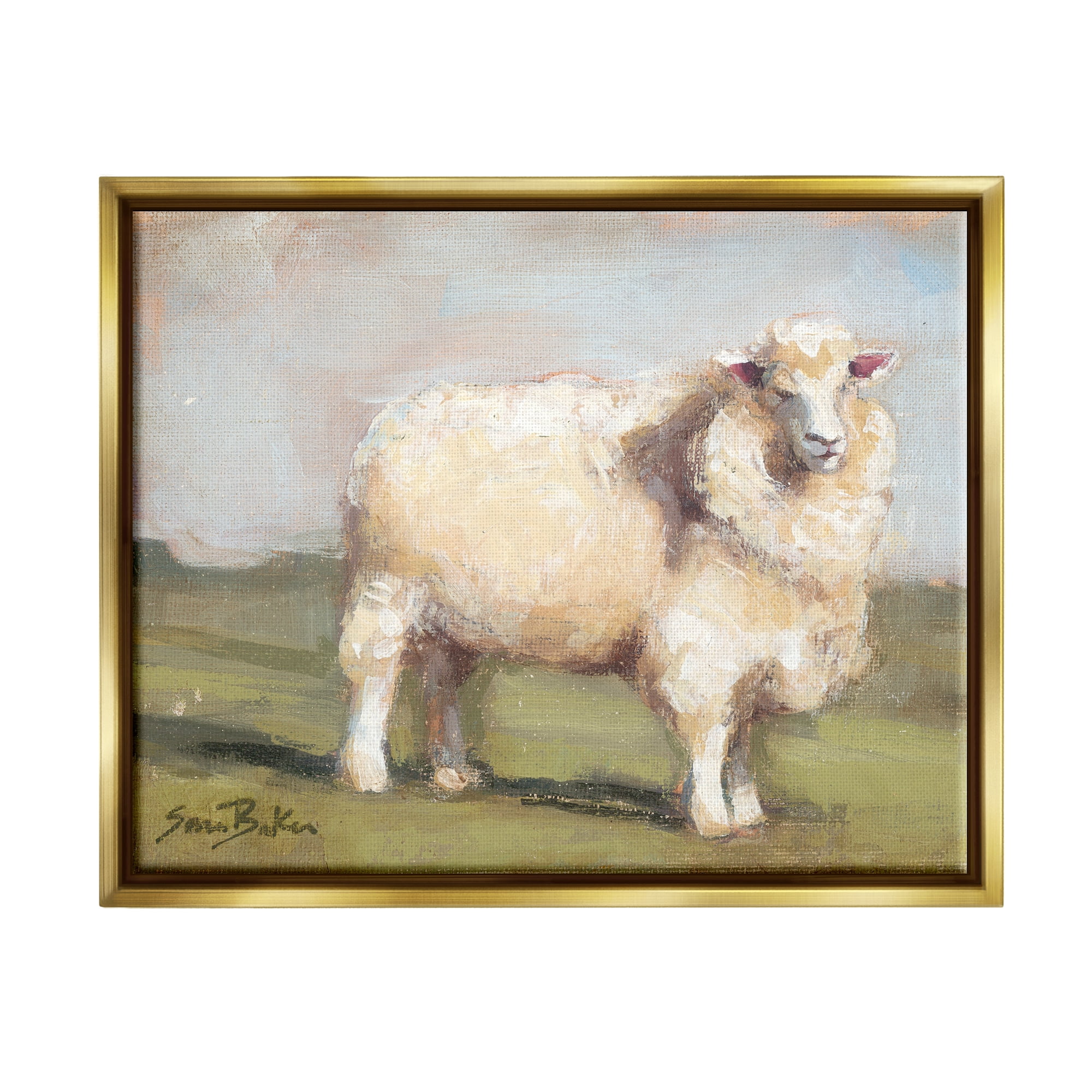 Stupell Fuzzy Sheep Country Landscape Animals & Insects Painting Gold Floater Framed Art Print Wall Art