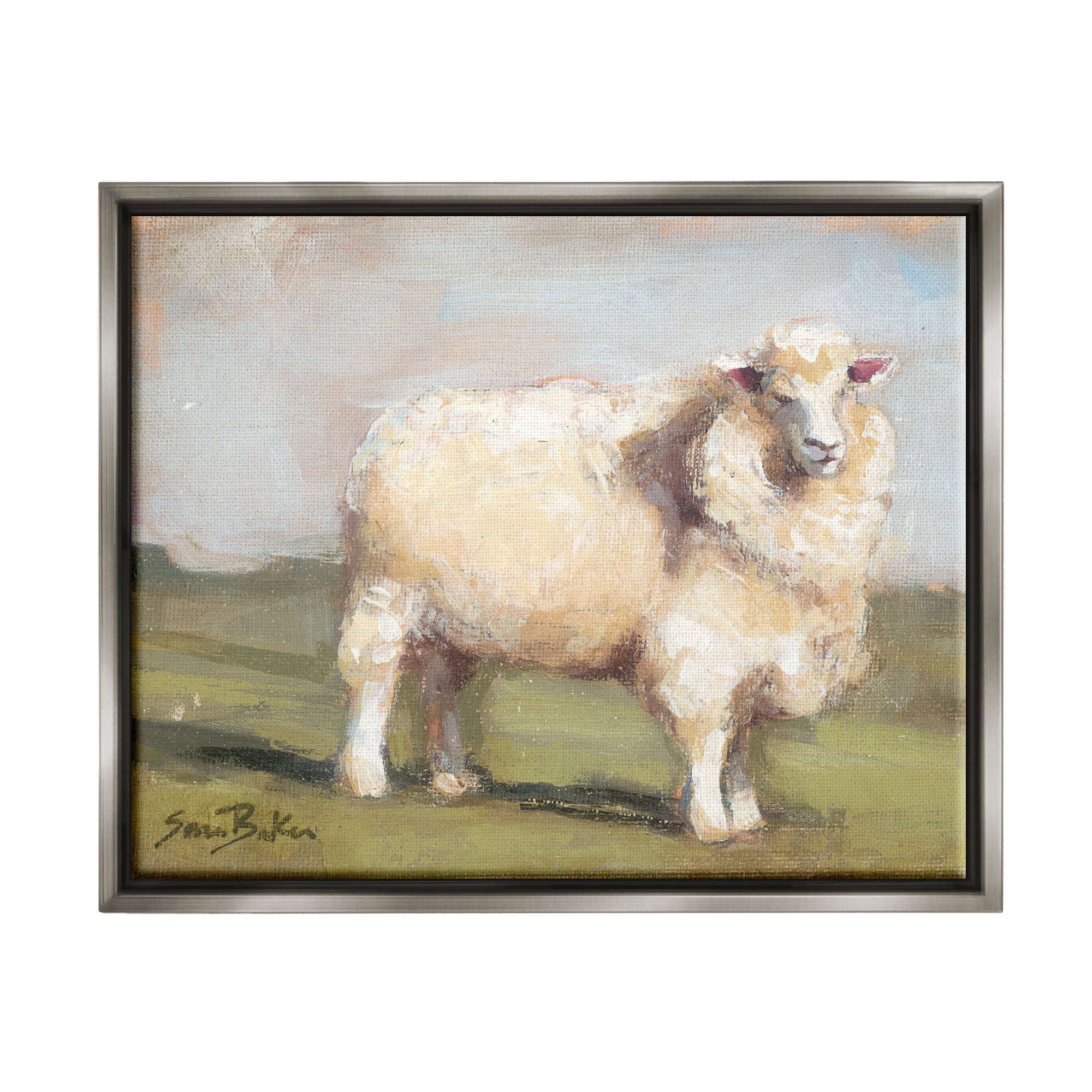 Stupell Fuzzy Sheep Country Landscape Animals & Insects Painting Gray Floater Framed Art Print Wall Art