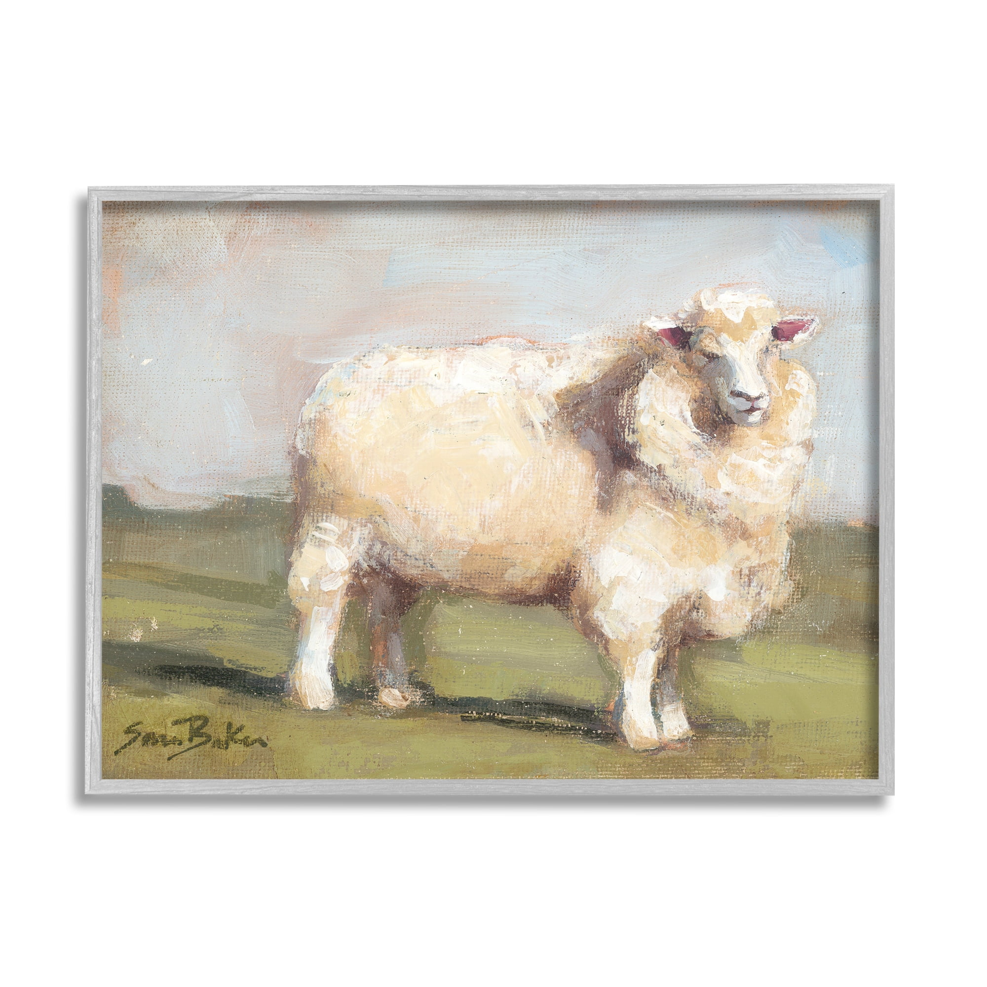 Stupell Fuzzy Sheep Country Landscape Animals & Insects Painting Gray Framed Art Print Wall Art