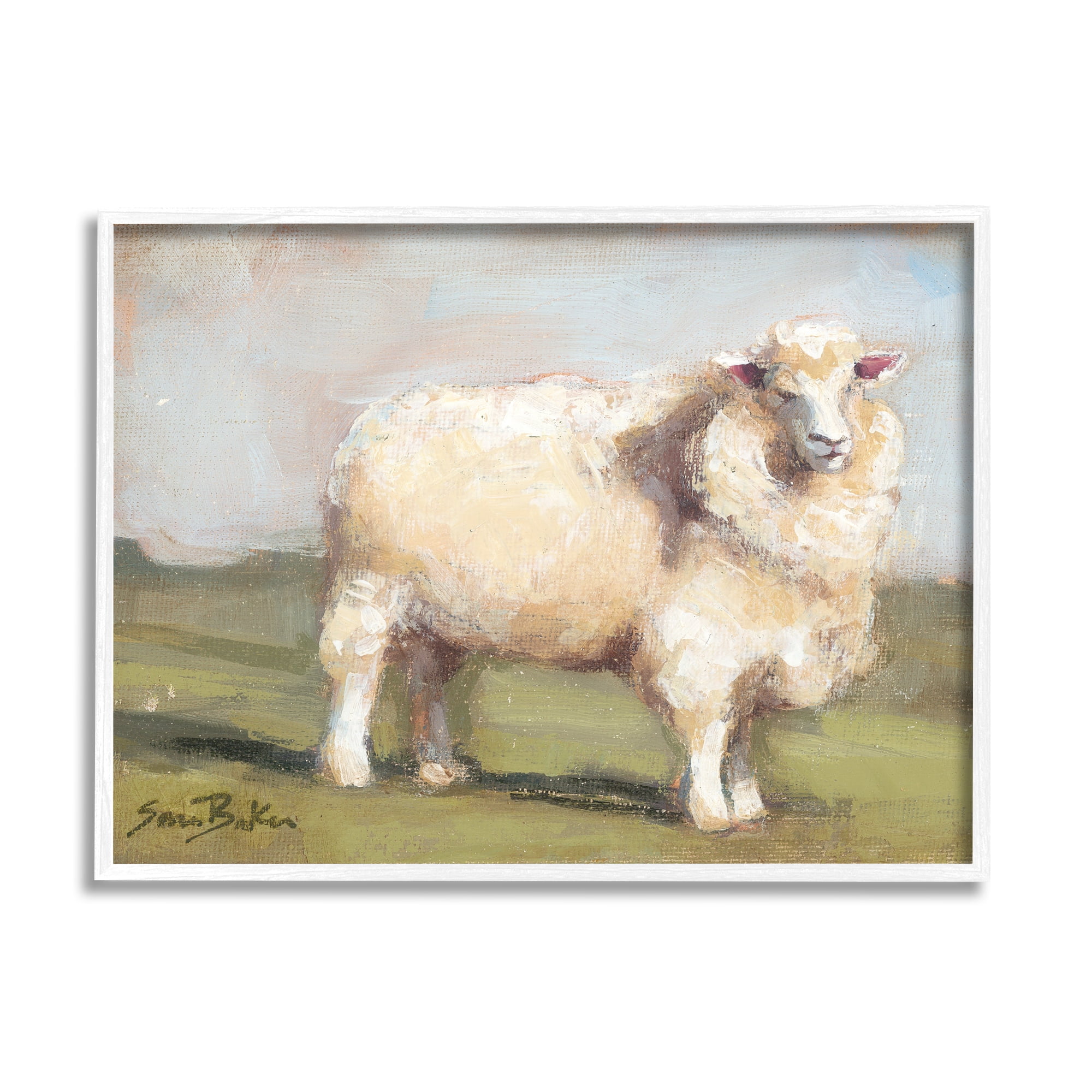 Stupell Fuzzy Sheep Country Landscape Animals & Insects Painting White Framed Art Print Wall Art