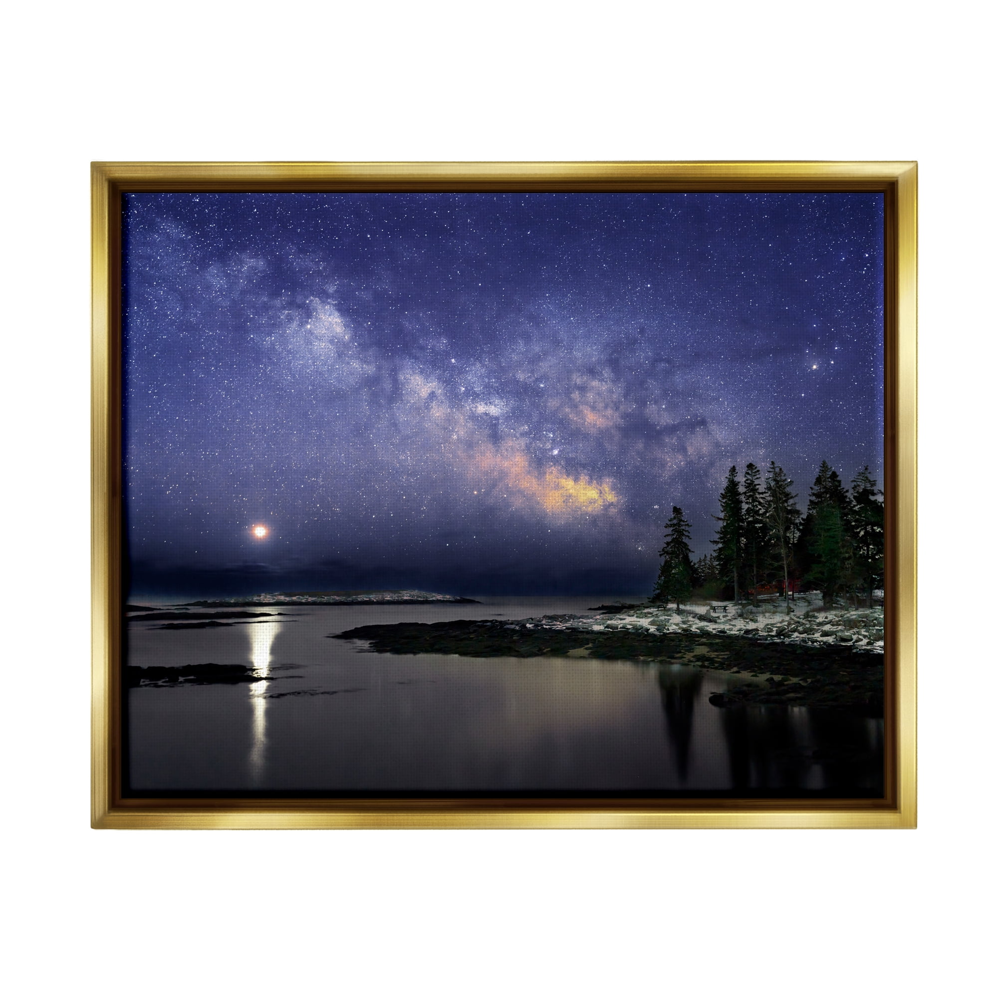 Stupell Galaxy Stars Over Coastal Winter Night Landscape Photography Gold Floater Framed Art Print Wall Art