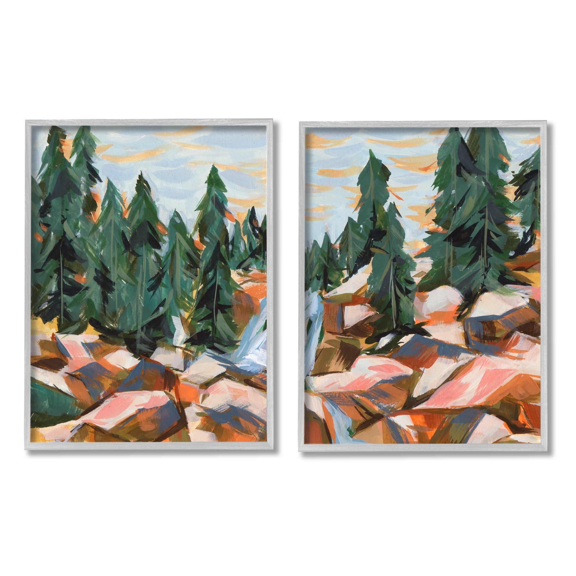 Stupell Geometric Abstract Forest Foliage Landscape Landscape Painting Gray Framed Art Print Wall Art, Set of 2