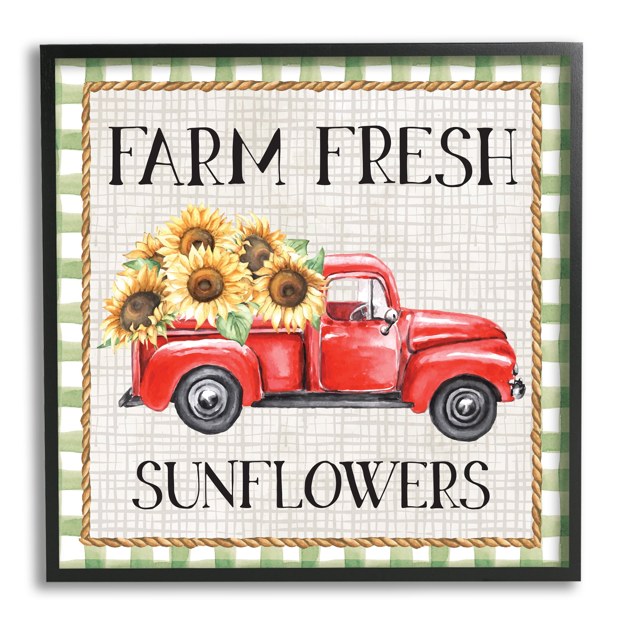 Stupell Gingham Farm Fresh Sunflowers Pattern Transportation Painting Black Framed Art Print Wall Art