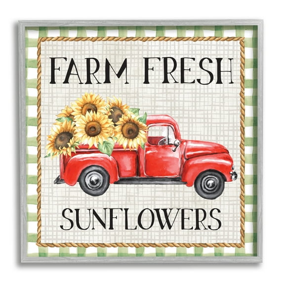 Stupell Gingham Farm Fresh Sunflowers Pattern Transportation Painting Gray Framed Art Print Wall Art